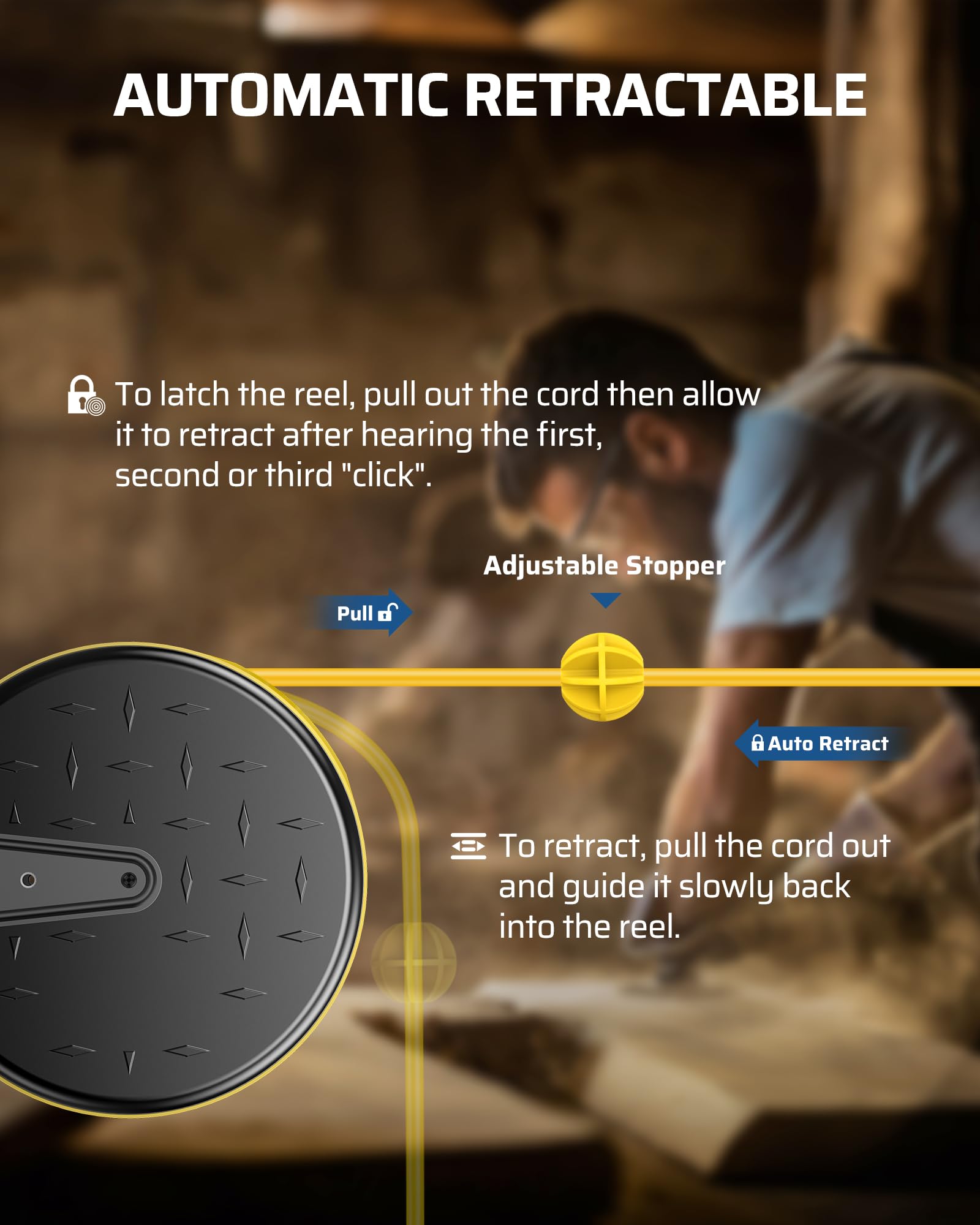 Dewenwils 30 Ft Retractable Extension Cord Reel, Ceiling/Wall Mount 16/3 Gauge Sjtw Power Cord With 3 Electrical Outlets Pigtail