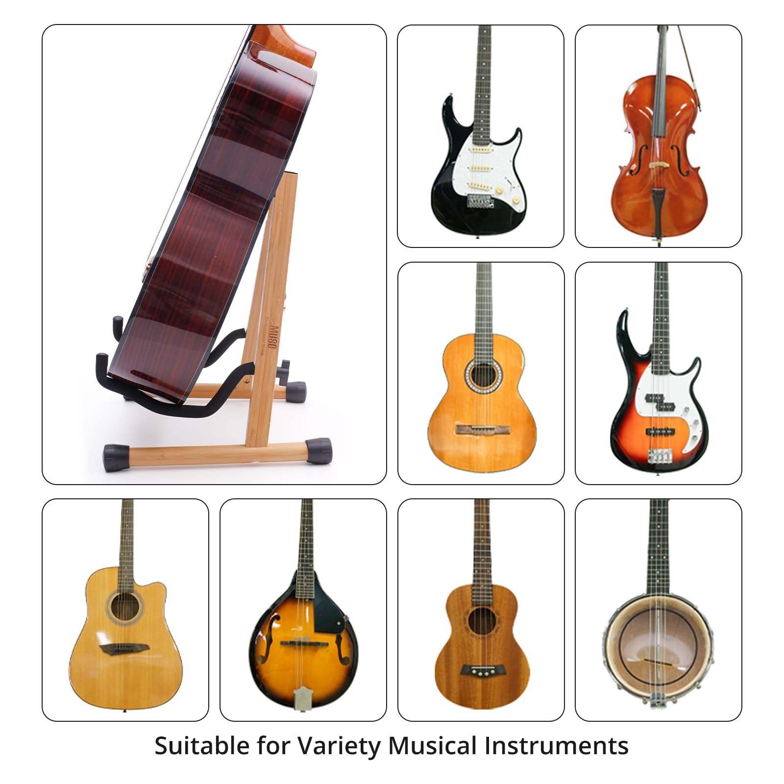Muso Natural Wood Guitar Stand, A Frame Folding Holder, Easy Assembly And Portable, For Guitar,Bass,Ukulele,Banjo,Cello,Mandolin