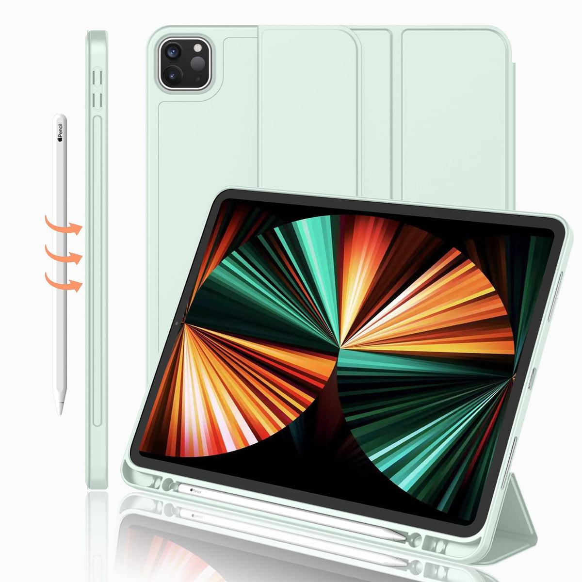 Imieet New Ipad Pro 12.9 Case 2022(6Th Gen)/2021(5Th Gen) With Pencil Holder [Support Ipad 2Nd Pencil Charging/Pair],Trifold Stand Smart Case With Soft Tpu Back,Auto Wake/Sleep(Pale Green)