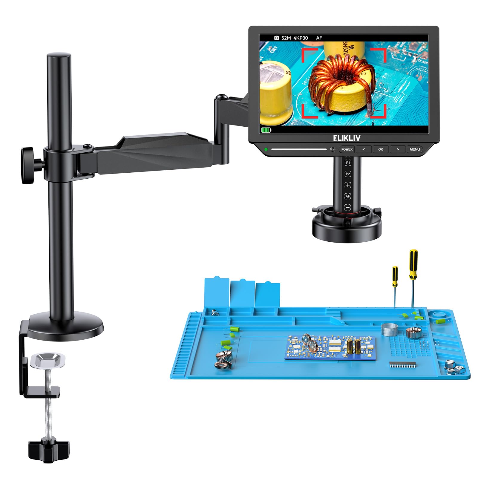 Elikliv Autofocus 4K HDMI Digital Microscope, EM4K-AF Flex Arm Soldering Microscope for Adults, 10.1 Coin Microscope with Ring L