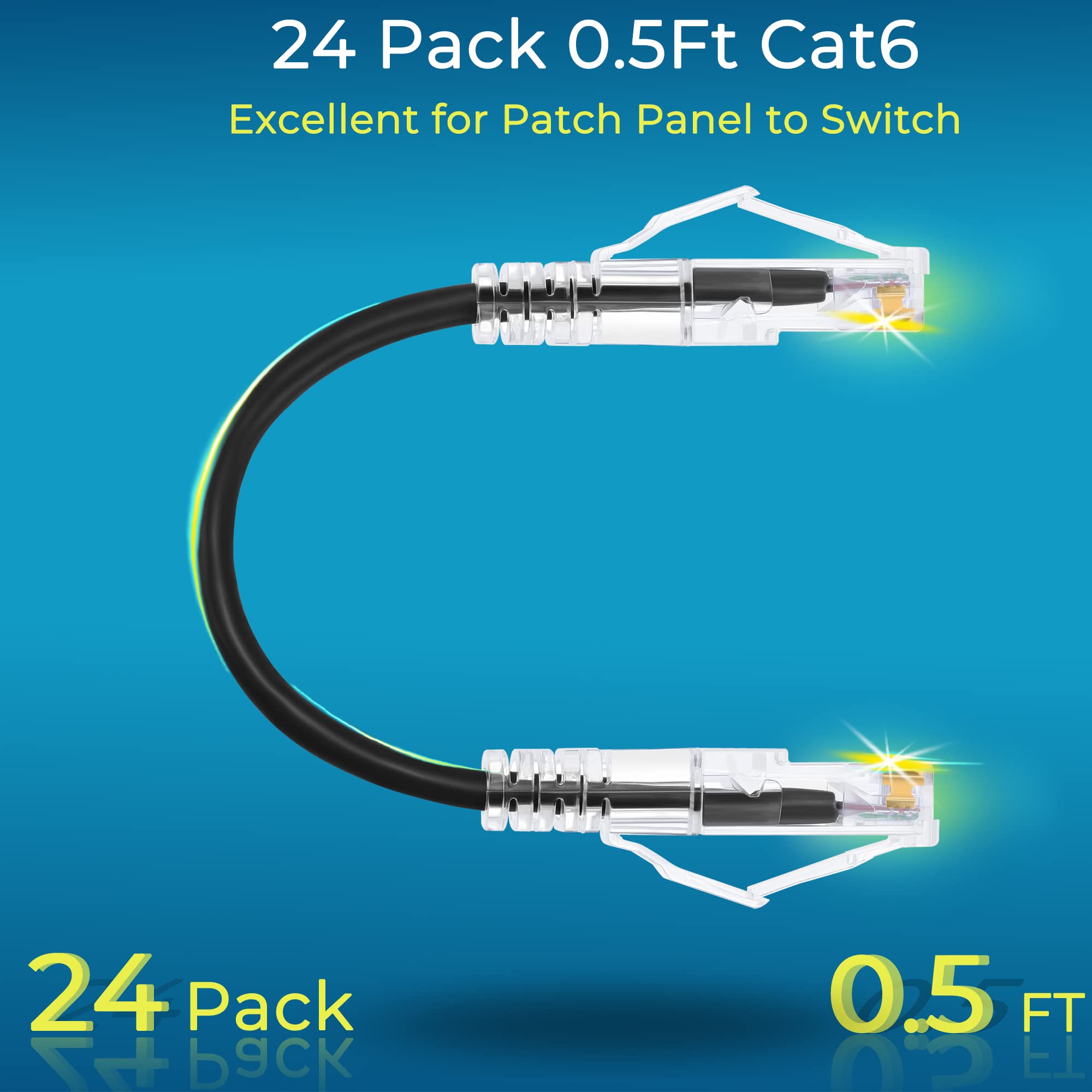 Rapink Patch Cables Cat6/ Cat6A 0.5Ft (24 Pack) Slim, Cat6A Ethernet Patch Cable 10G Support, Snagless Cat 6 Patch Cable For Patch Panel To Switch, Flexiable Cat6 Ethernet Cable Black