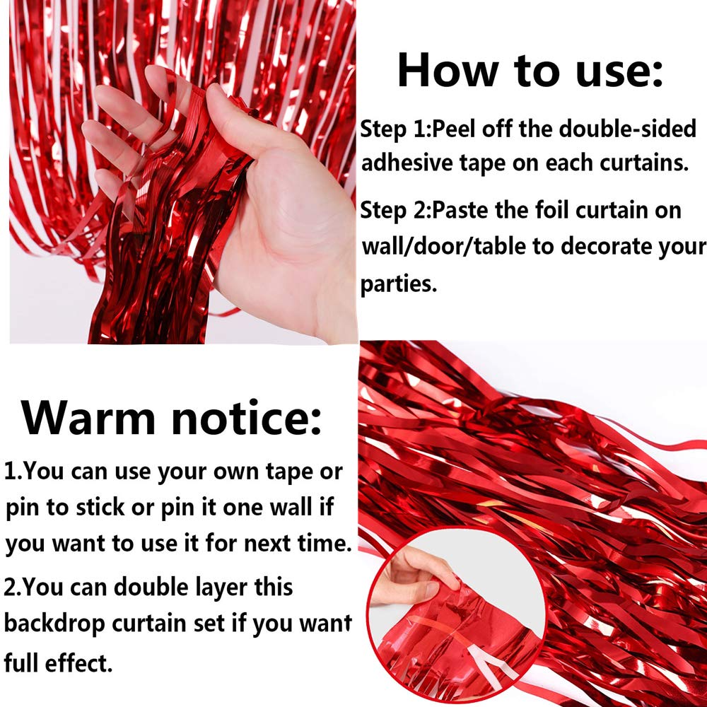 3Pcs Red Fringe Backdrop, 3.2Ft X 8.2Ft Abcty Streamer Backdrop Metallic Tinsel Foil Curtains Party Decor For Birthday Wedding B