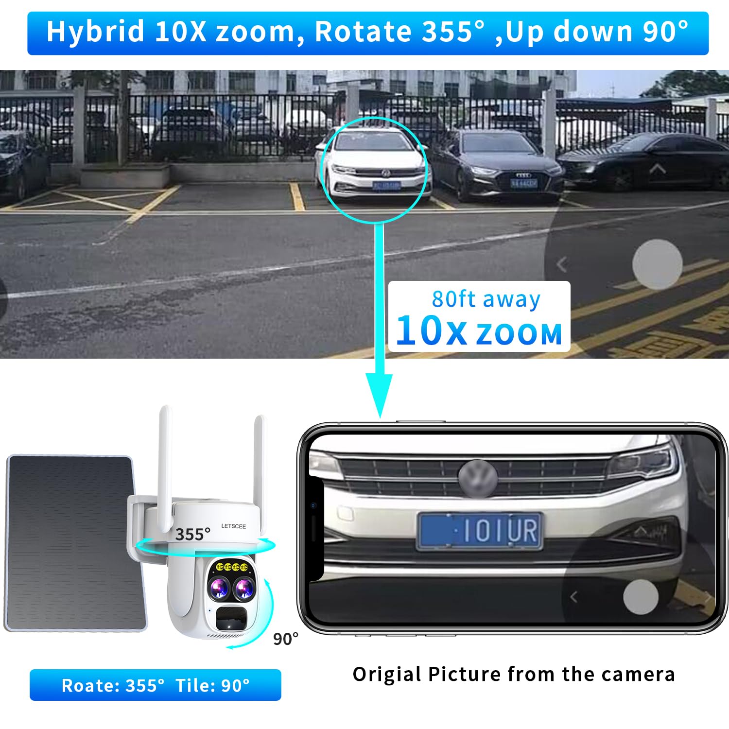 Letscee Security Cameras Wirelss Outdoor Solar Powered For Home Security, 360 View Outside Camera,Motion Detection,10X Hybrid Zo