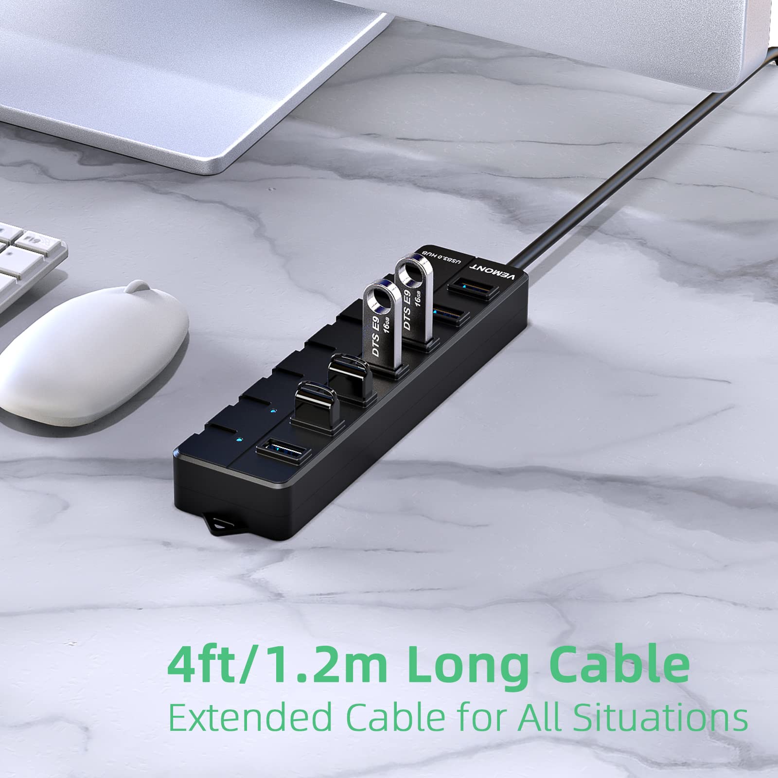 Usb Hub,7 Port Usb 3.0 Hub,Vemont Usb Splitter With Individual On/Off Switches And Lights, 4Ft/1.2M Usb Hub Long Cable, Usb Extension For Laptop And Pc Computer