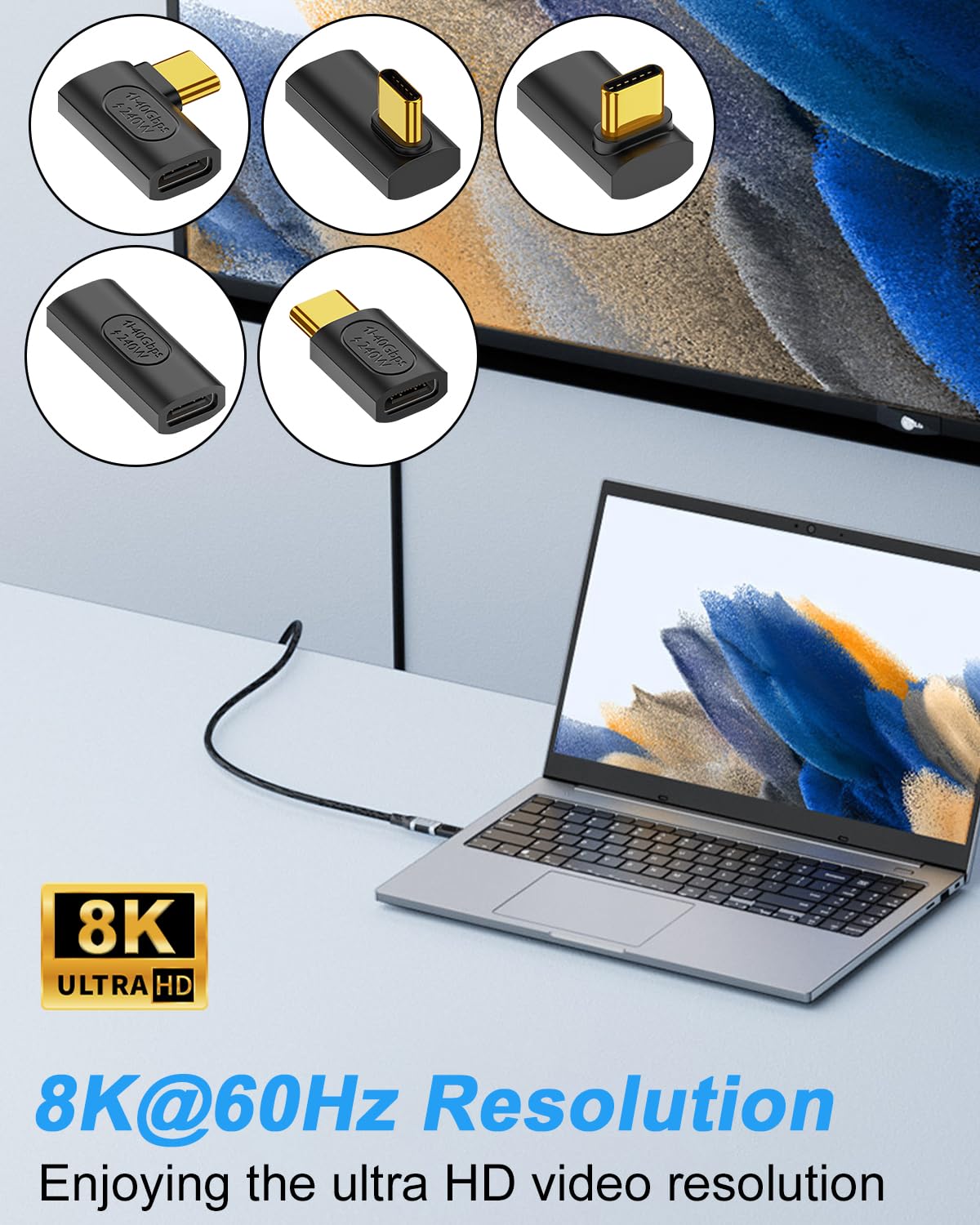 Poyiccot 240W Usb C Adapter 5 Pack, 40Gbps Usb 4.0 Type C Extender, 90 Degree Right Angle Usb C Adapter Fast Charging Type C Extension Connector For 8K, Thunderbolt 4/3, Steam Deck, Laptop