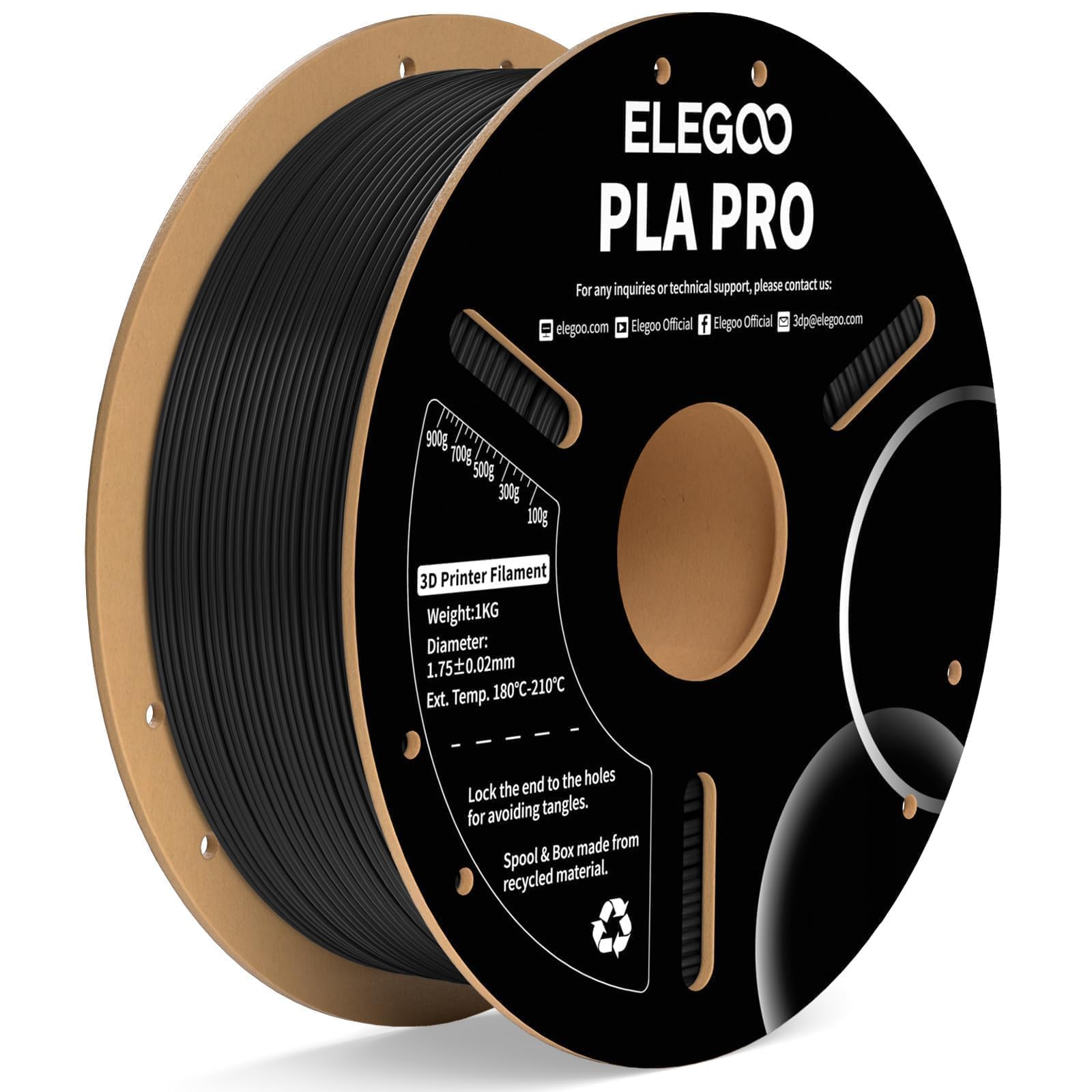 ELEGOO PLA PRO Filament 1.75mm Black 1KG, 30-250mm/s Printing Speed Improved Rigidity 3D Printer Filament Dimensional Accuracy +