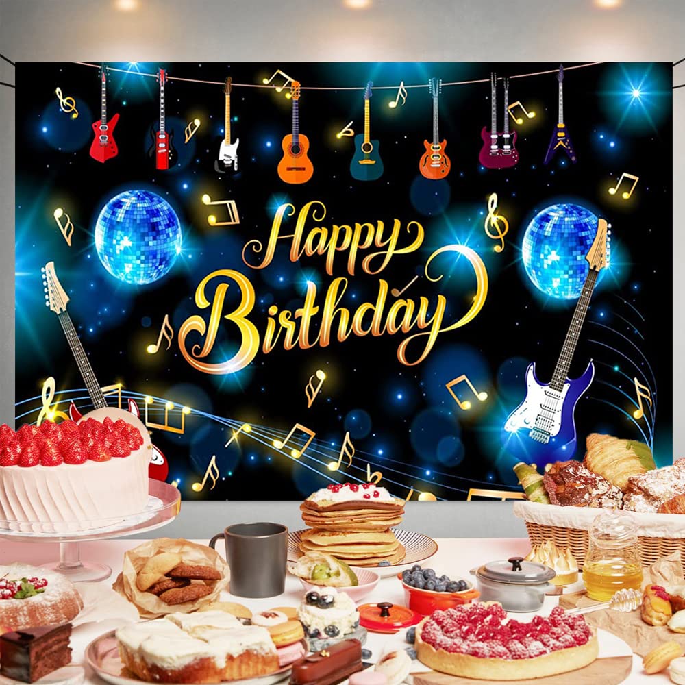 Musical Note Guitar Happy Birthday Backdrop Karaoke Themed Birthday Photography Background Rock And Roll Party Decorations Banne