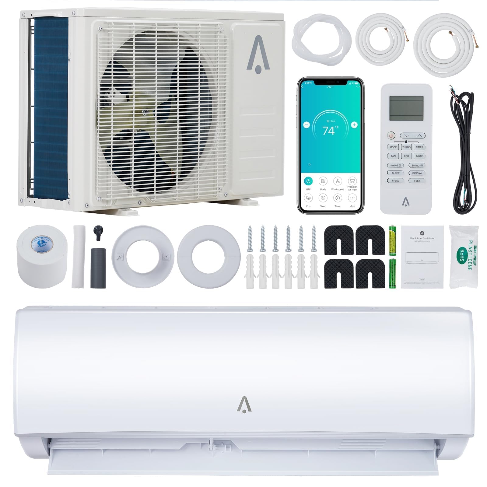 Mini Split Air Conditioners, 9,000 BTU AC Heating System, Heat Pump Ductless Mini Split AC Unit for Bedroom, Quiet Room Air Cond