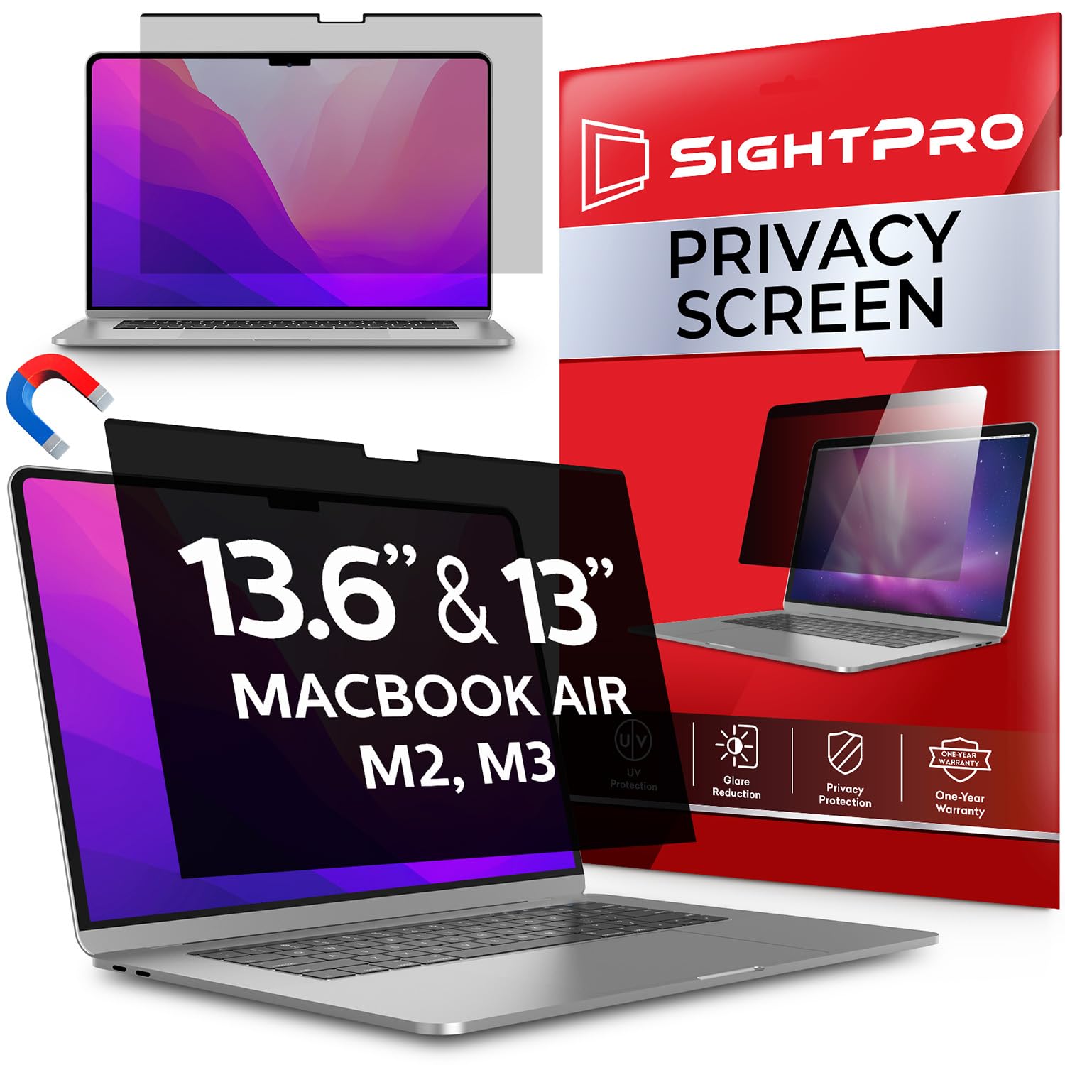 Sightpro Magnetic Privacy Screen For Macbook Air 13.6 & 13 Inch (2022 2024, M2, M3) Removable Laptop Privacy Filter Shield And A