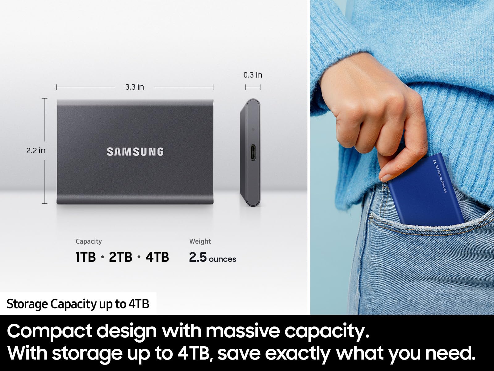 SAMSUNG T7 Portable SSD 4TB, 1050MB/s USB 3.2 Gen 2, Titan Gray, Model MU-PC4T0T/AM - Reliable External Storage