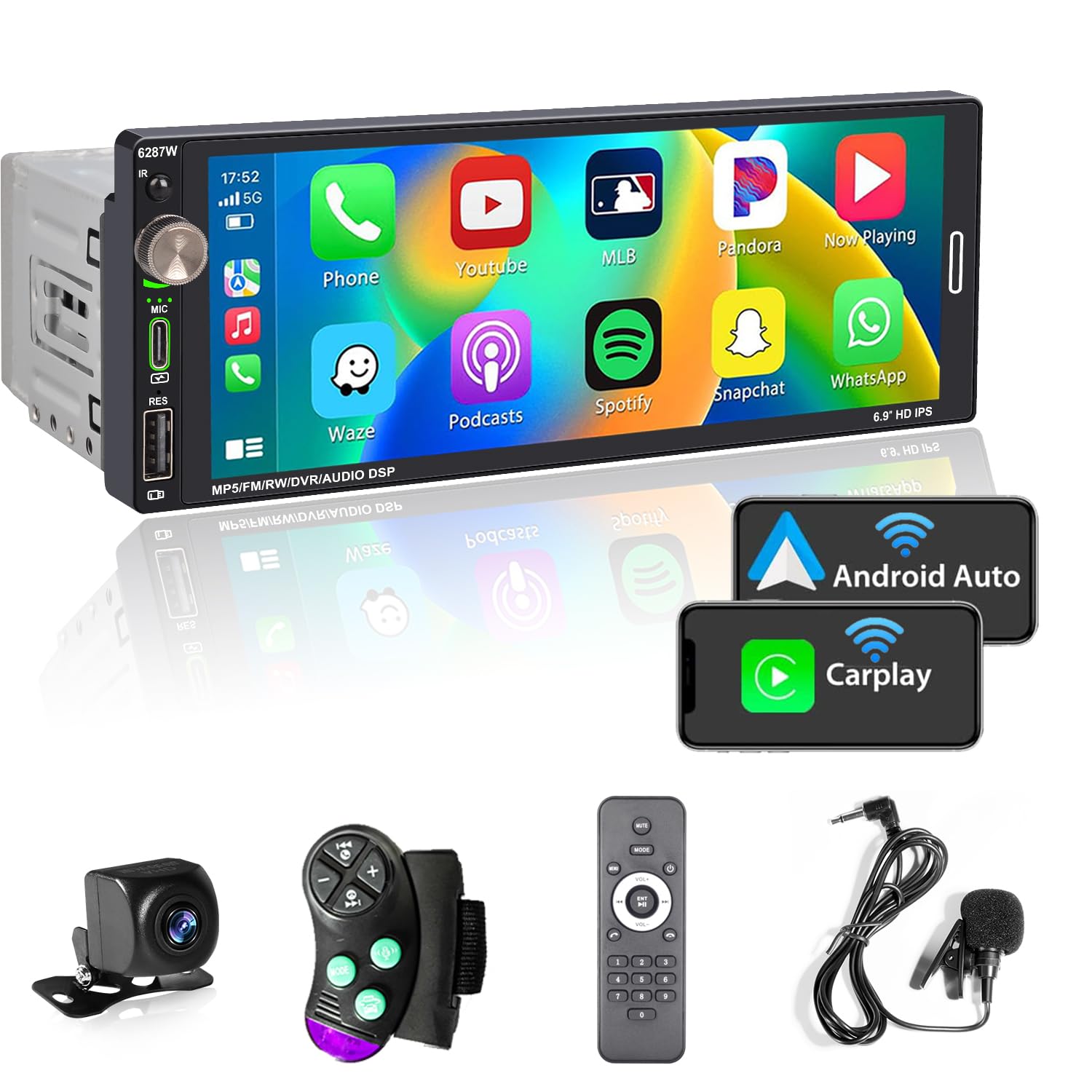 Alondy Single Din Car Touchscreen Radio (6.9-inch) Compatible with [Wireless] Apple CarPlay Android Auto Car Stereo Bluetooth US
