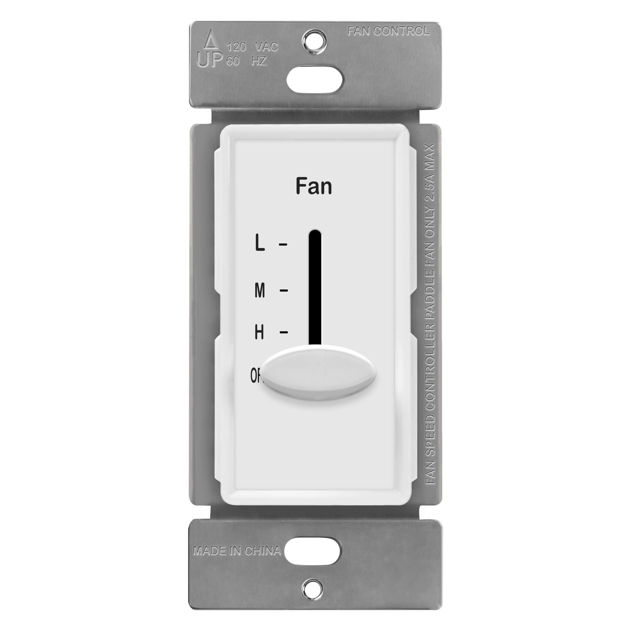Enerlites 3 Speed In Wall Ceiling Fan Control, Slide Switch, 120Vac, 2.5A, Single Pole, No Neutral Wire Required, 17000 F3 W F,