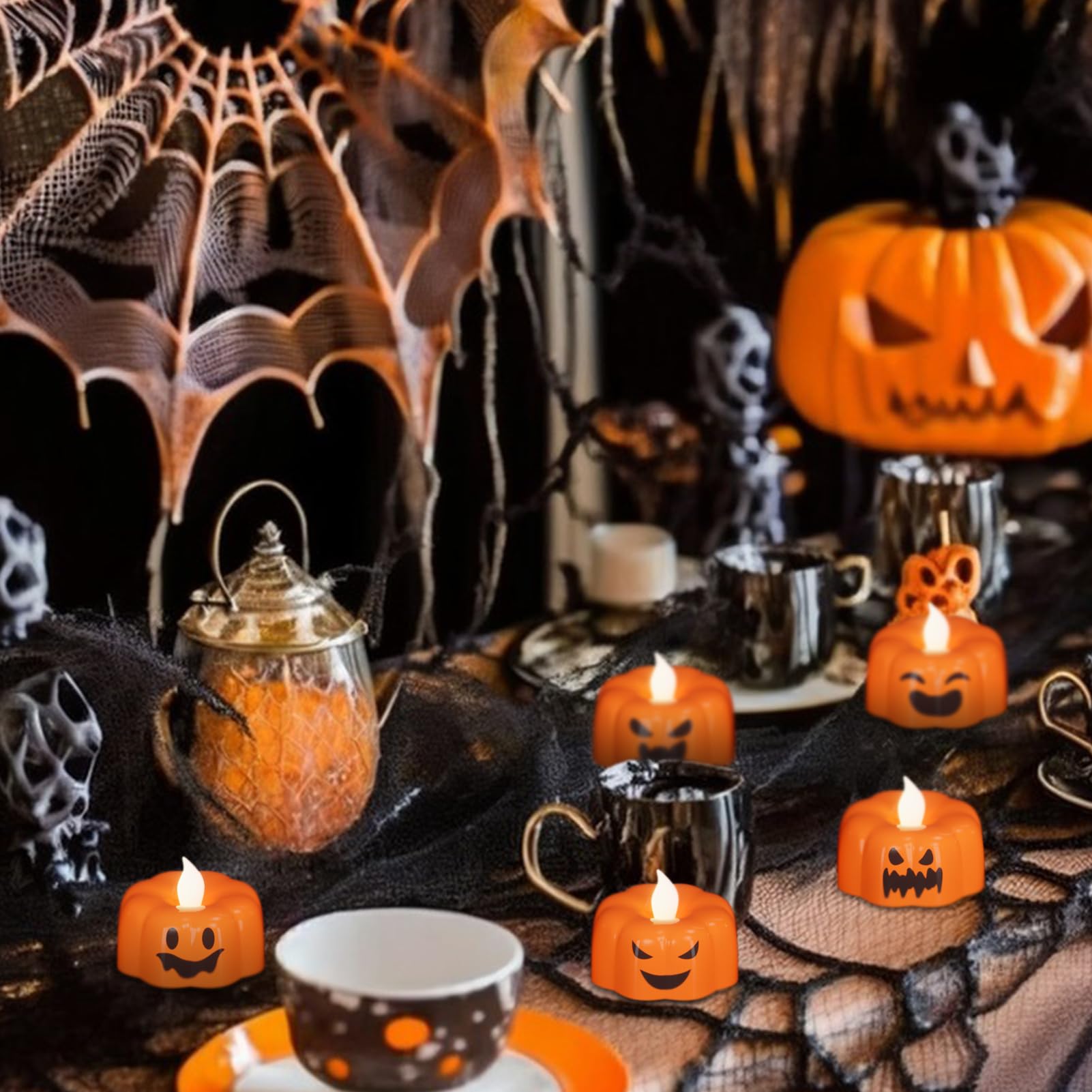Kunswenn Halloween Pumpkin Tea Lights Candles Battery Operated With Timer, 6 Pack Flameless Led Tealight Candles For Halloween P