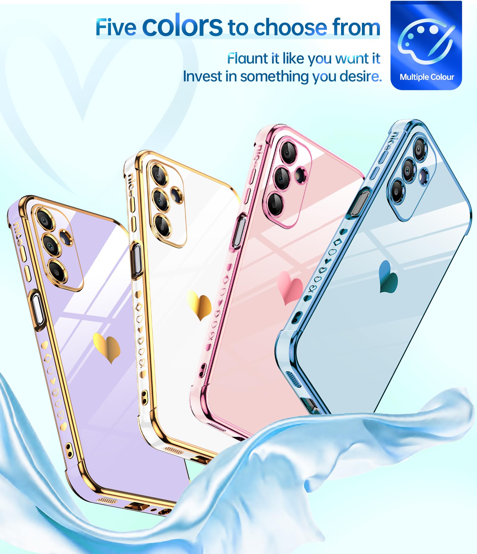 Leyi For Samsung Galaxy A15 5G Case: With Tempered Glass Screen Protector [2 Pcs]+ Full Camera Lens Protection, Love Heart Plati
