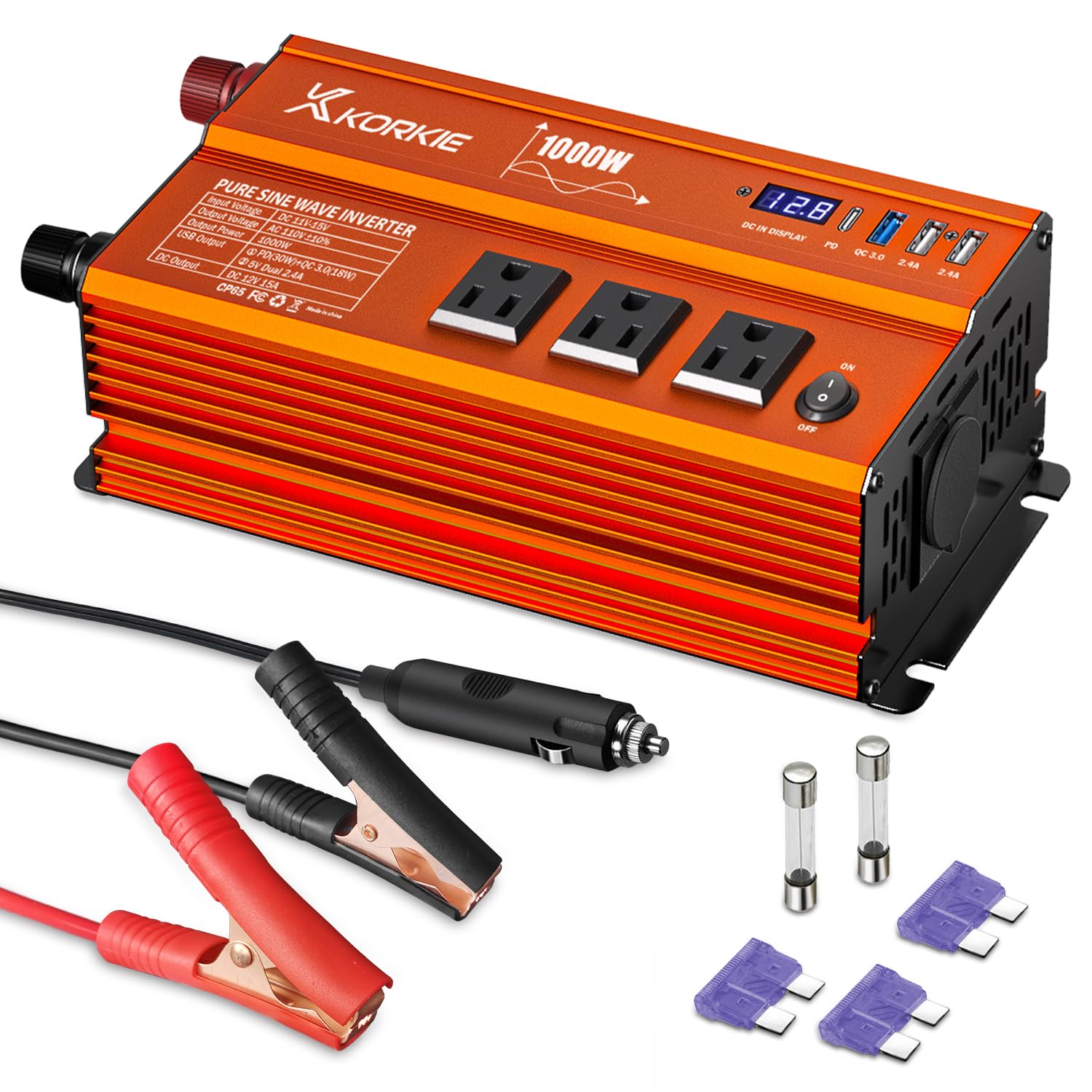 1000W Pure Sine Wave Inverter, Car Power Inverter, 12V DC to 110V AC Power Converter, Emergency Power Inverter with Type-C, Dual