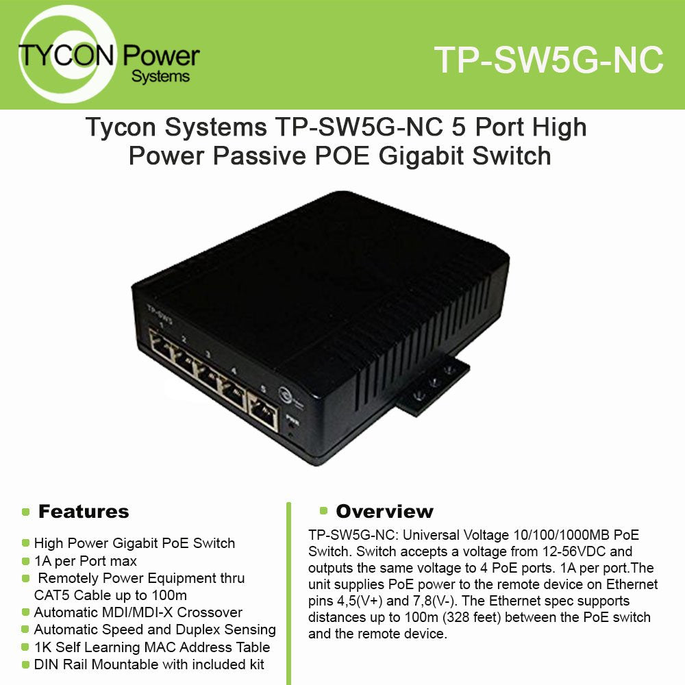 Tycon Systems Tp Sw5G Nc 5 Port High Power Passive Poe Gigabit Switch   12 56V