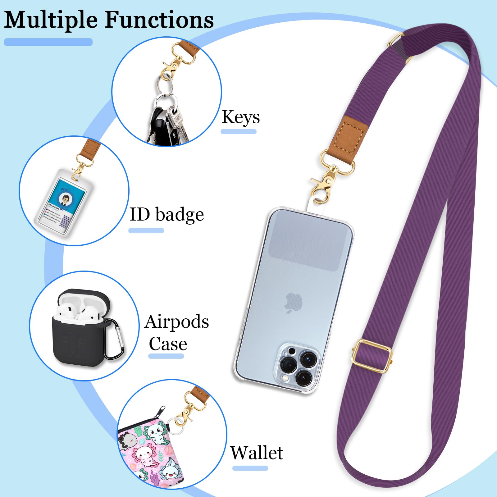 Yonlevres Phone Lanyard Crossbody Phone Strap, Purple Cell Phone Lanyards For Around The Neck Wristlet Wrist Strap, Solid Color