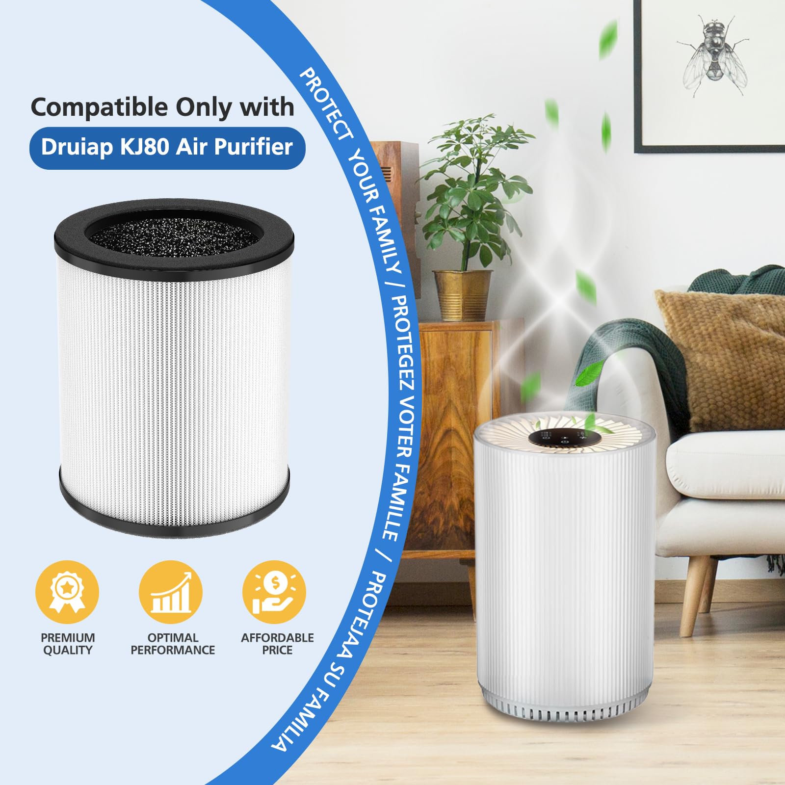 Kj80 Replacement Filter Compatible With Druiap Kj80 Air Purifier, 360 Rotating 3 In 1 Filter Of H13 True Hepa Filter, Activated