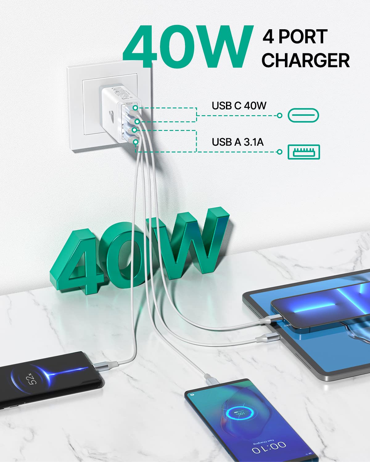 Usb C Wall Charger Block 2 Pack, Aiminu 40W 4 Port Fast Usb C Charger Qc+Pd 3.0 Power Adapter, Double Fast Plug Type C Charging