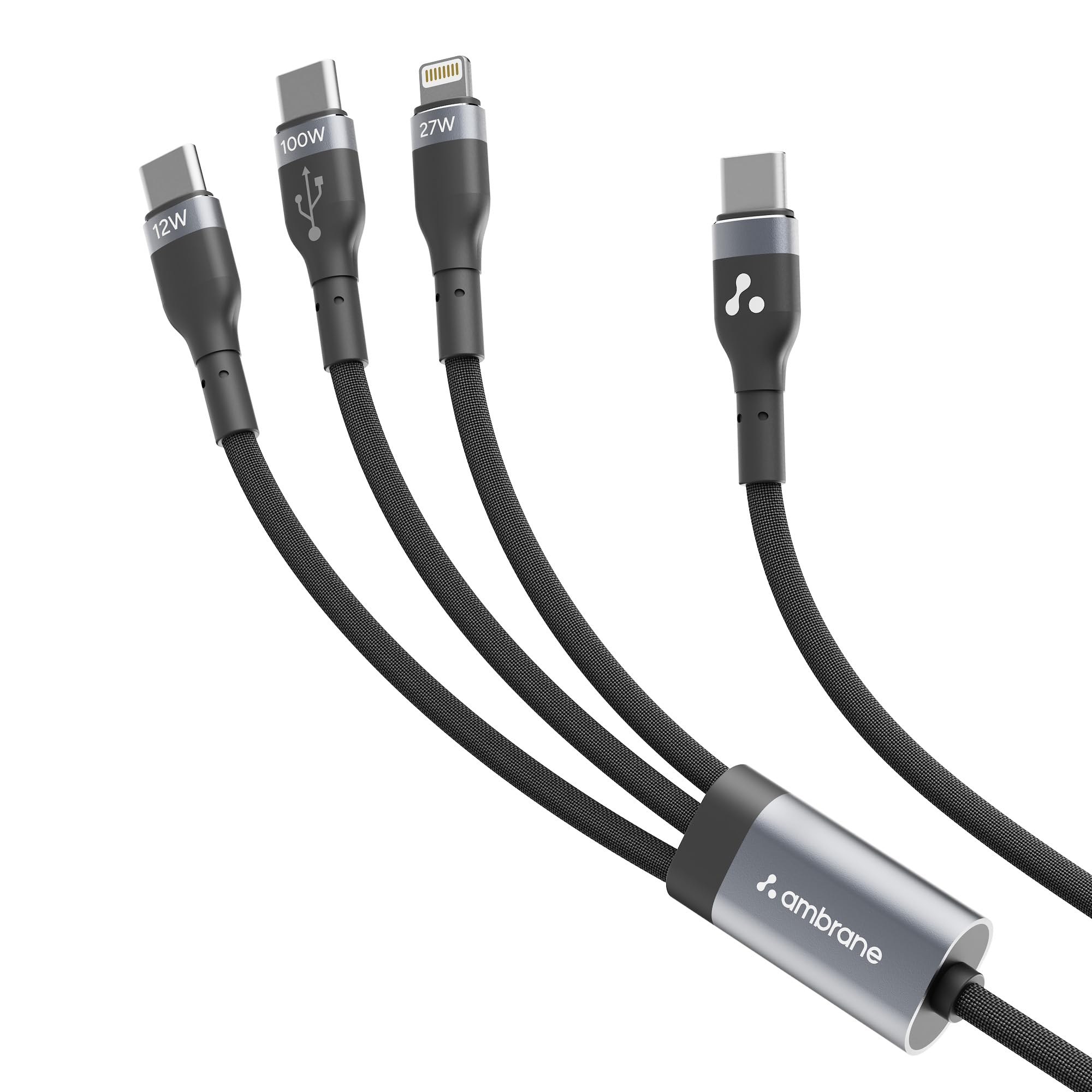 AMBRANE 3 in 1 100W Fast Charging Cable, 3Amp Multi Charger Cable for Micro USB, iOS and TypeC Devices, 480 Mbps Data Transfer