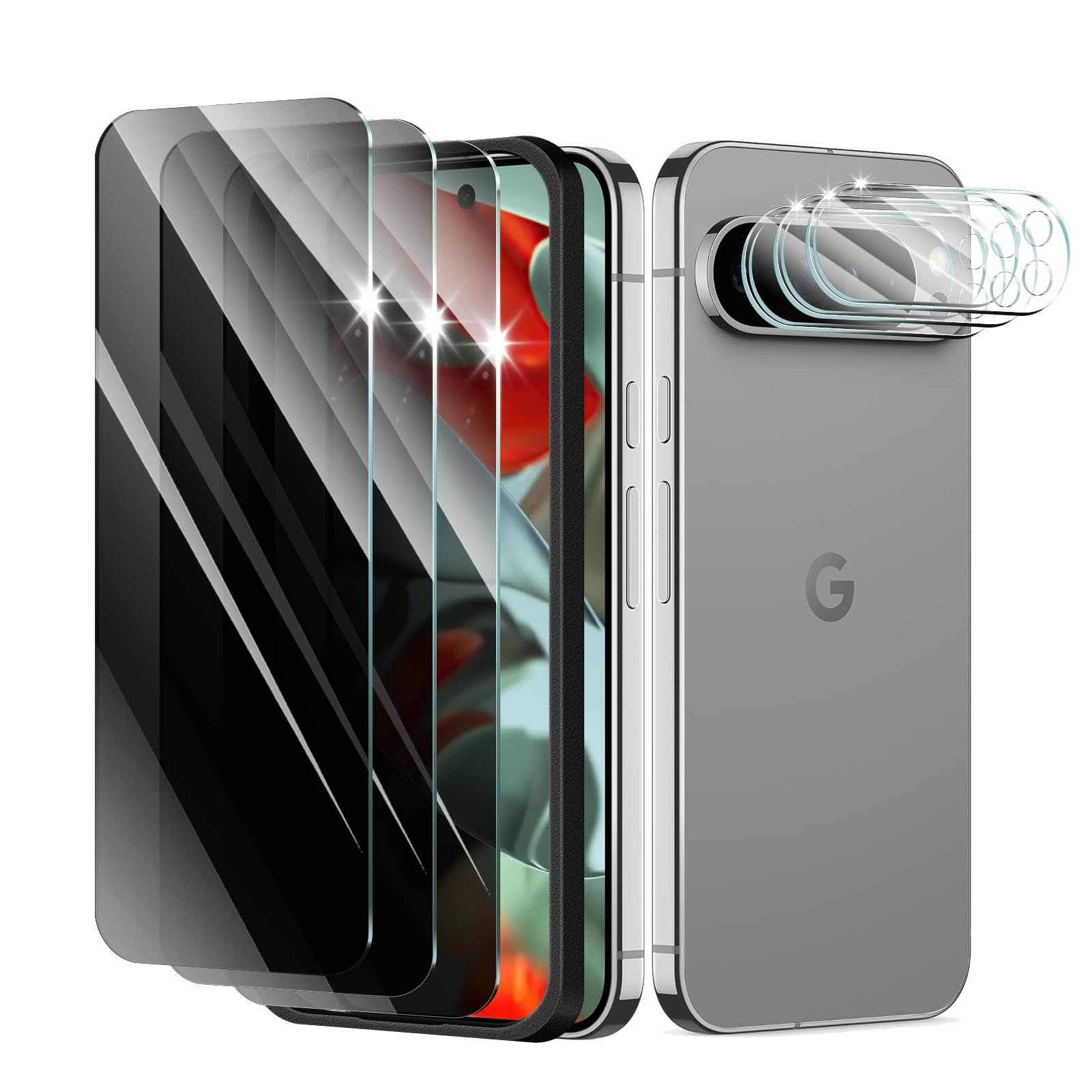 3+3+1-Pack, Privacy Screen Protector and Camera Lens Protector for Google Pixel 9 Pro XL with Installation Alignment Aid, Anti-S