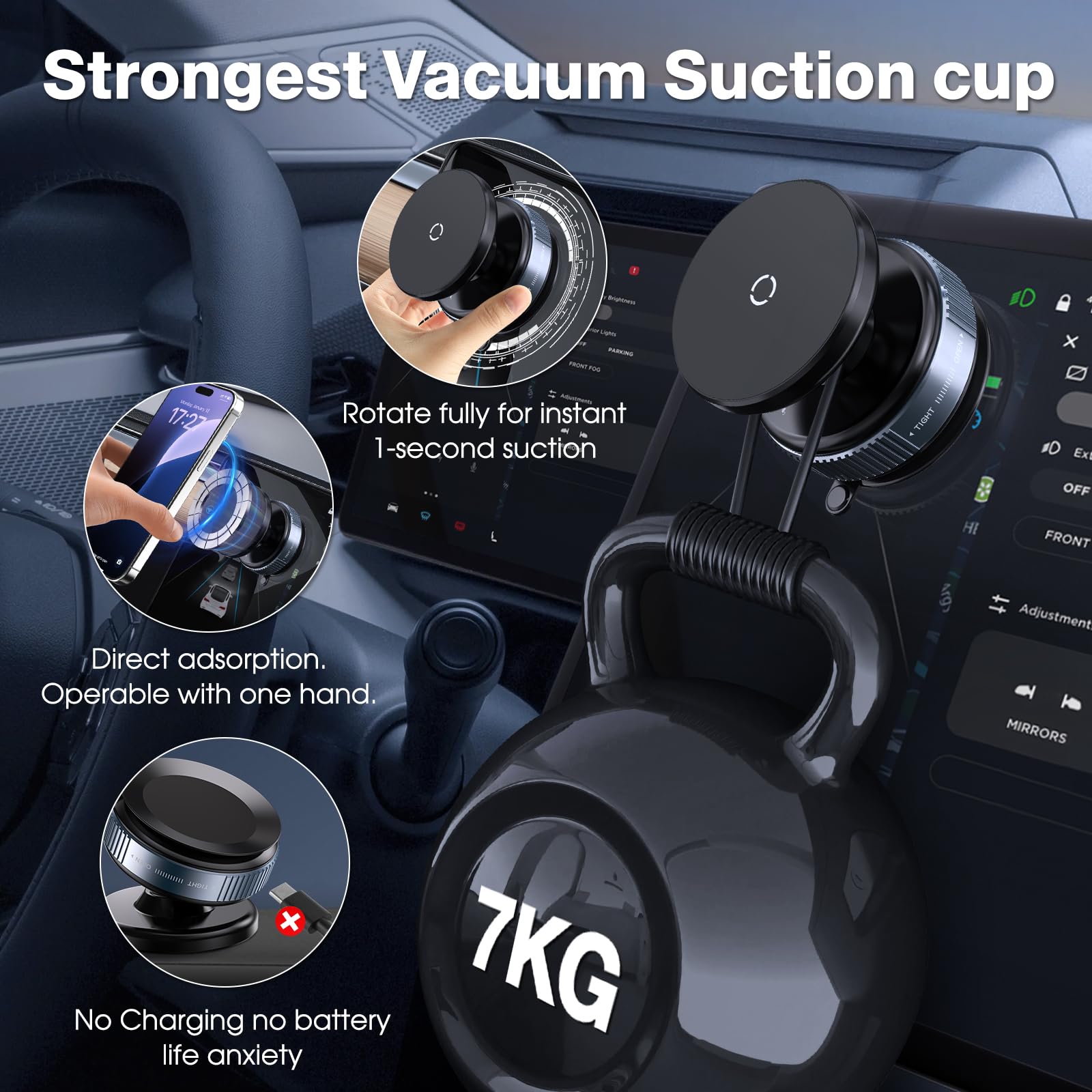 Lunturn 360 Rotatable Vacuum Magnetic Phone Holder, Adjustable Hands-Free Suction Cup Car Phone Mount For Car/Gym/Mirror/Smooth