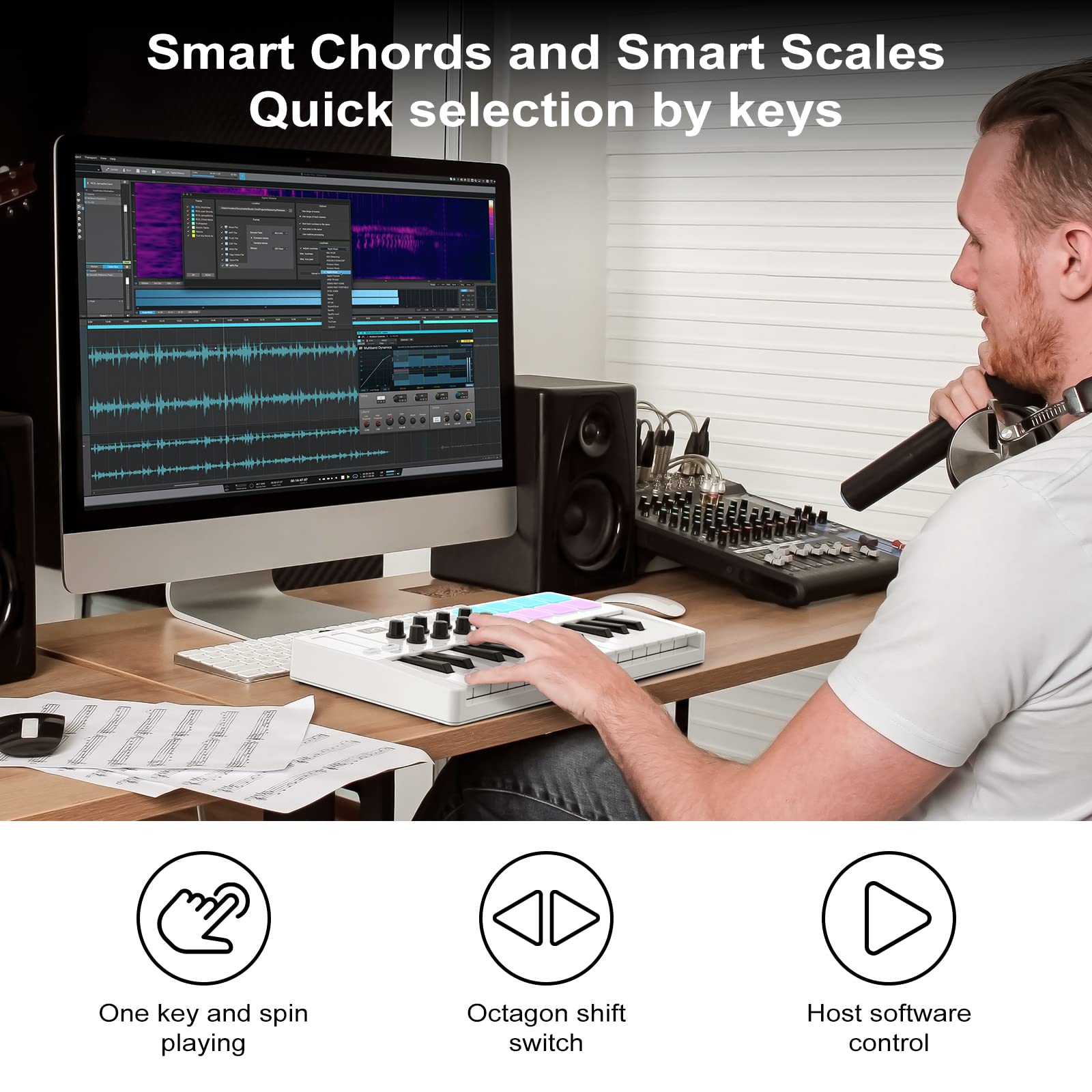 M Wave 25 Key Usb Midi Keyboard Controller With 8 Backlit Drum Pads, Bluetooth Semi Weighted Professional Dynamic Keybed 8 Knobs