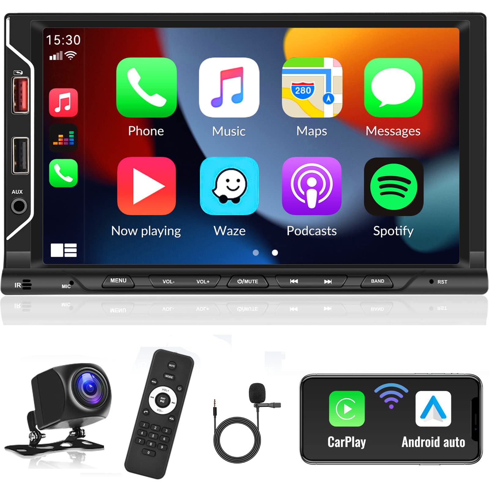 Unitopsci Double Din Car Stereo, Wireless Carplay Android Auto Radio, Bluetooth Head Unit 7 Inch Hd Touch Screen Mp5 Player Mirr