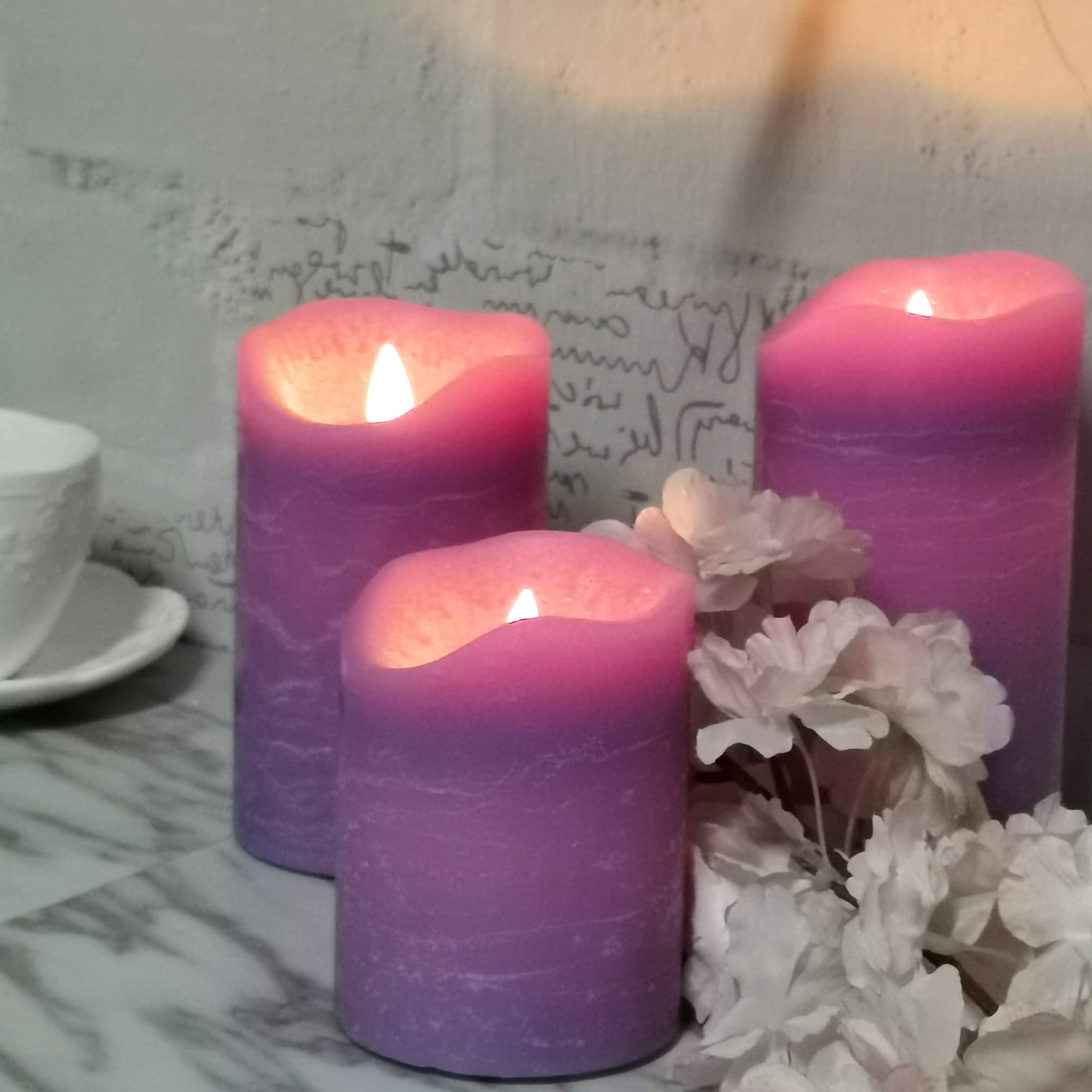 Battery Operated Flameless Led Candles Real Wax Pillar Candles With Remote Timer Electric Flickering Decorative Purple Wax Candl