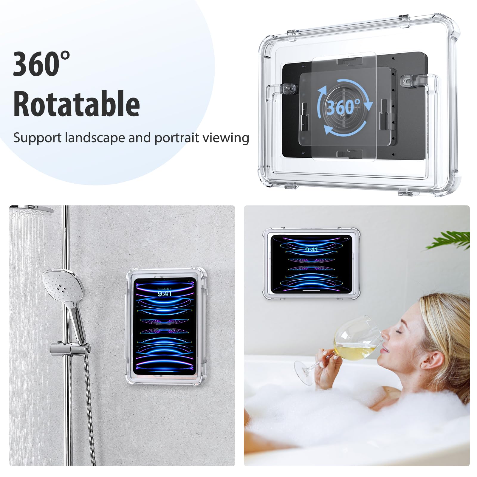 MoKo Shower Tablet Holder, Waterproof Shower iPad Holder Wall Mount Up to 11', 360�Rotation Bathroom Tablet Holder with Touchable Anti fog Screen, 2 Placement Modes, Fit for iPad 10/Pro 11 2022, Clear