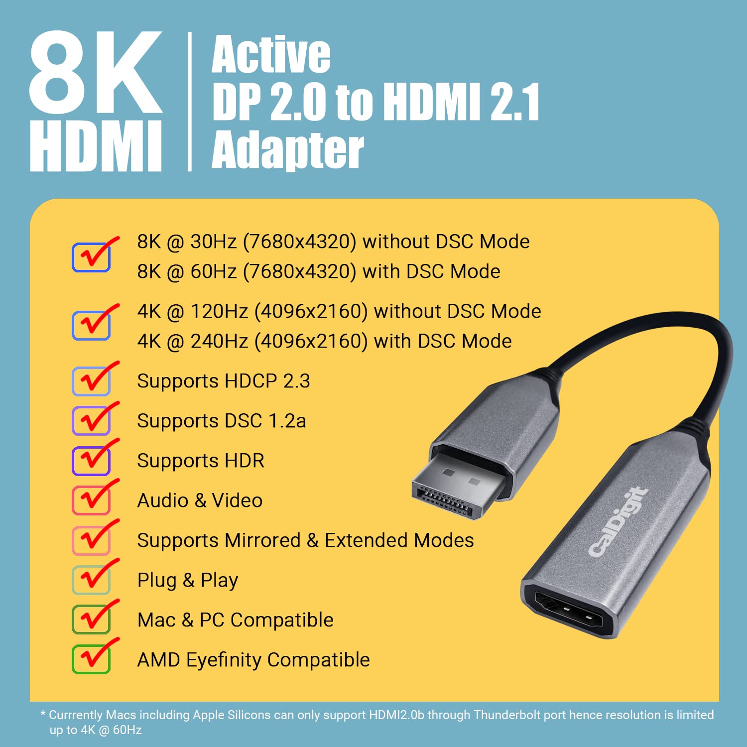 Caldigit Displayport 2.0 To Hdmi 2.1 (Dp To Hdmi) Active Adapter 8K 60Hz Uhd (7680 X 4320), High Refresh, 10 Bit Color, Hdr And
