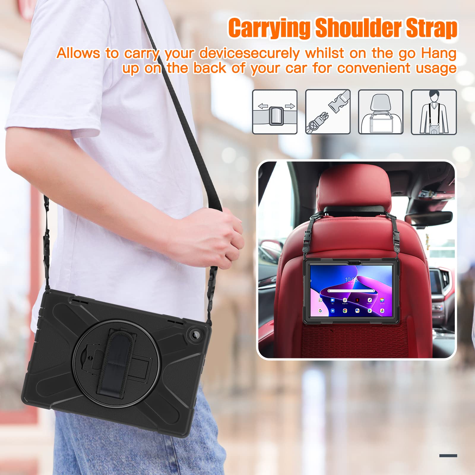 Junfire Shockproof Case For Lenovo Tab M10 3Rd Gen 10.1 Inch 2022, Lenovo Tab M10 3Rd Gen Heavy Duty Rugged Case With Hand Strap