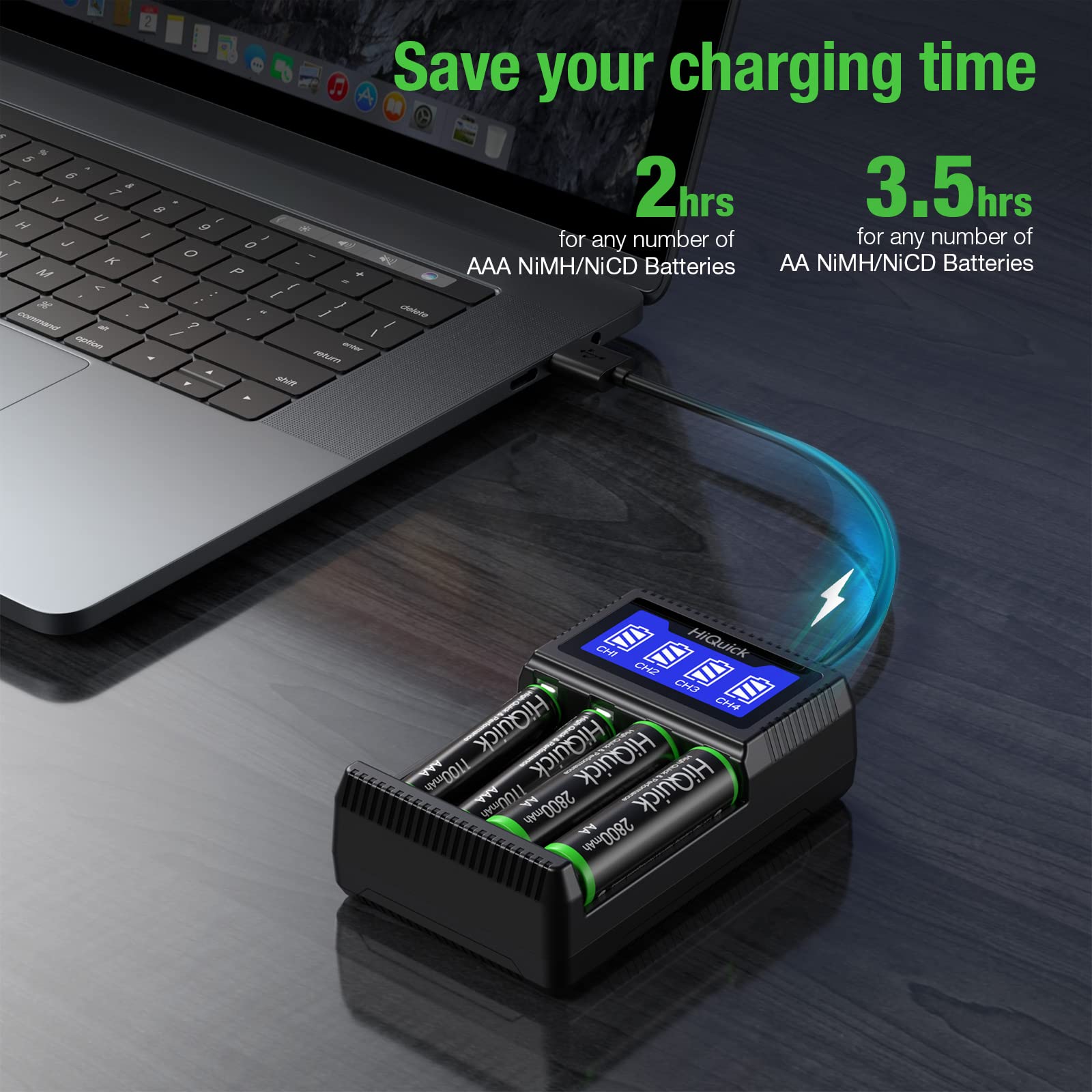 Hiquick 4 Bay Aa Aaa Battery Charger, Usb Input Fast Charging And Independent Charging Slot With Smart Lcd Display Battery Charg