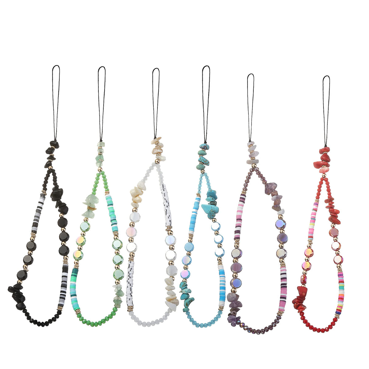 6Pcs Natural Energy Stone Phone Lanyard Wrist Strap Cell Phone Charm Beaded Phone Chain Strap For Women