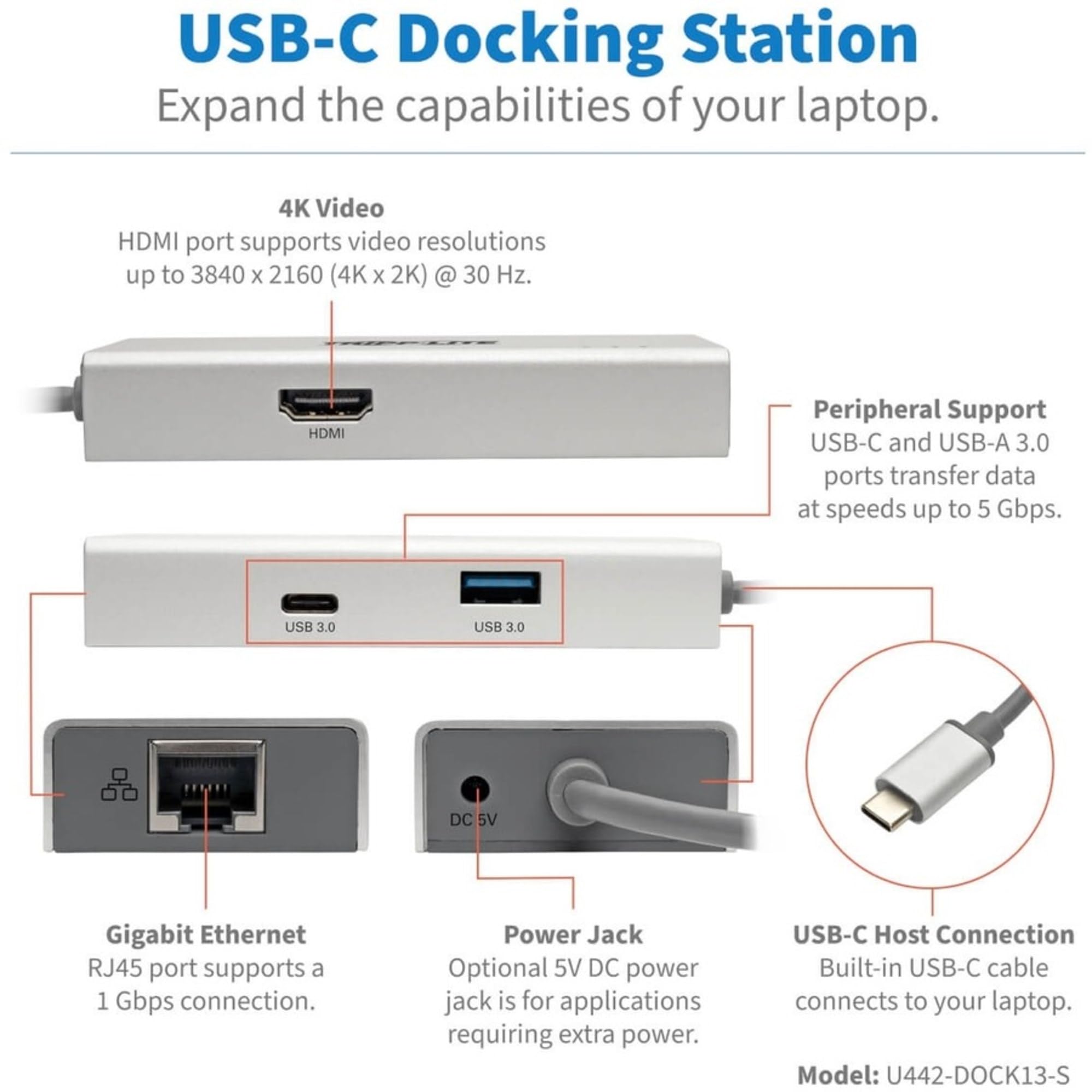 Tripp Lite Usb C Docking Station W/ Usb-A Hub, Hdmi, Gbe, 4K @ 30Hz Portable Thunderbolt 3 Silver (U442-Dock13-S)