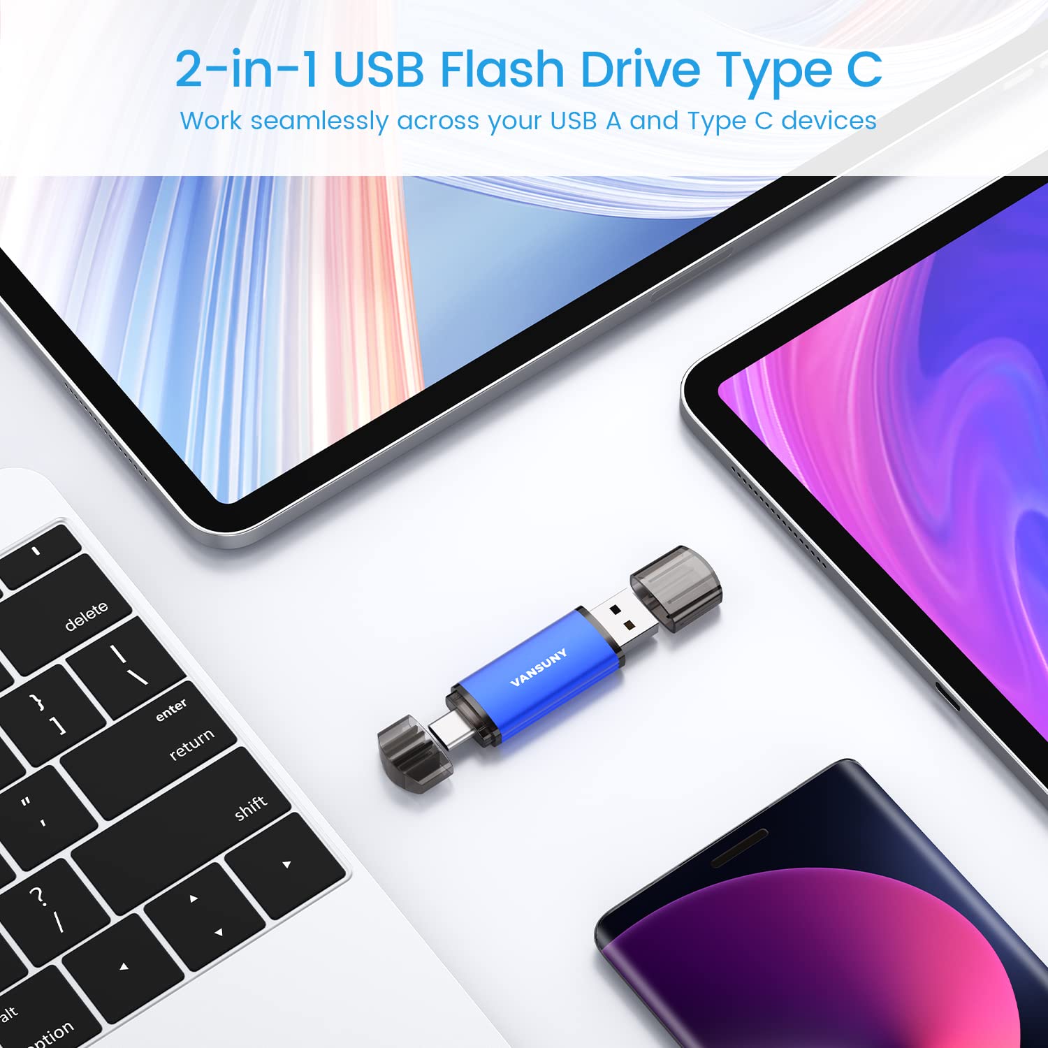 Vansuny 128Gb Usb Type C Flash Drive 2 In 1 Dual Flash Drive Usb A + Usb C Otg Flash Drive For Android Smartphone Tablet Computer Laptop (Blue)