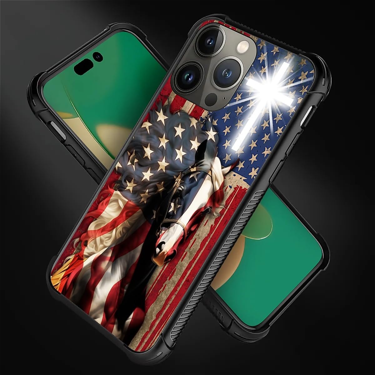 Fkbrcl4U For Iphone 13 Pro Case, Red American Flag Horse Cross Pattern Graphic Design Girl Boy Soft Silicone Hard Acrylic Shock