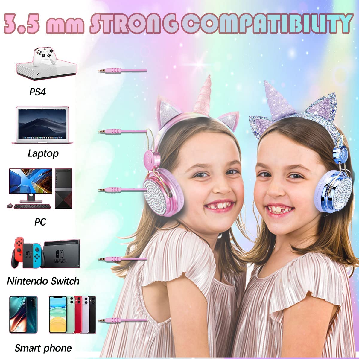 Unicorn Wireless Headphones For Kids,Cat Ear Bluetooth 5.0 Over Ear Headphones With Microphone For Cellphone/Ipad/Laptop/Pc/Tv/P