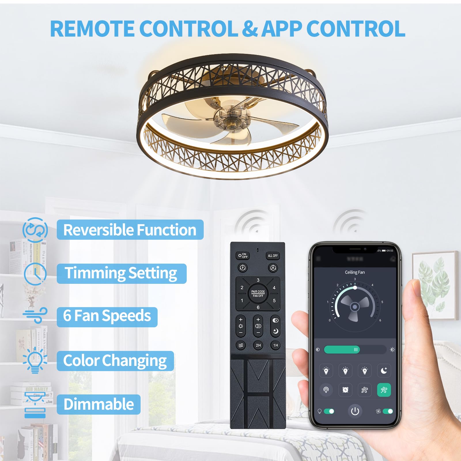 18'' Caged Ceiling Fans With Lights, 6 Speed Low Profile Ceiling Fans With Lights And Remote 3000 6000K Dimmable, Bladeless Ceil