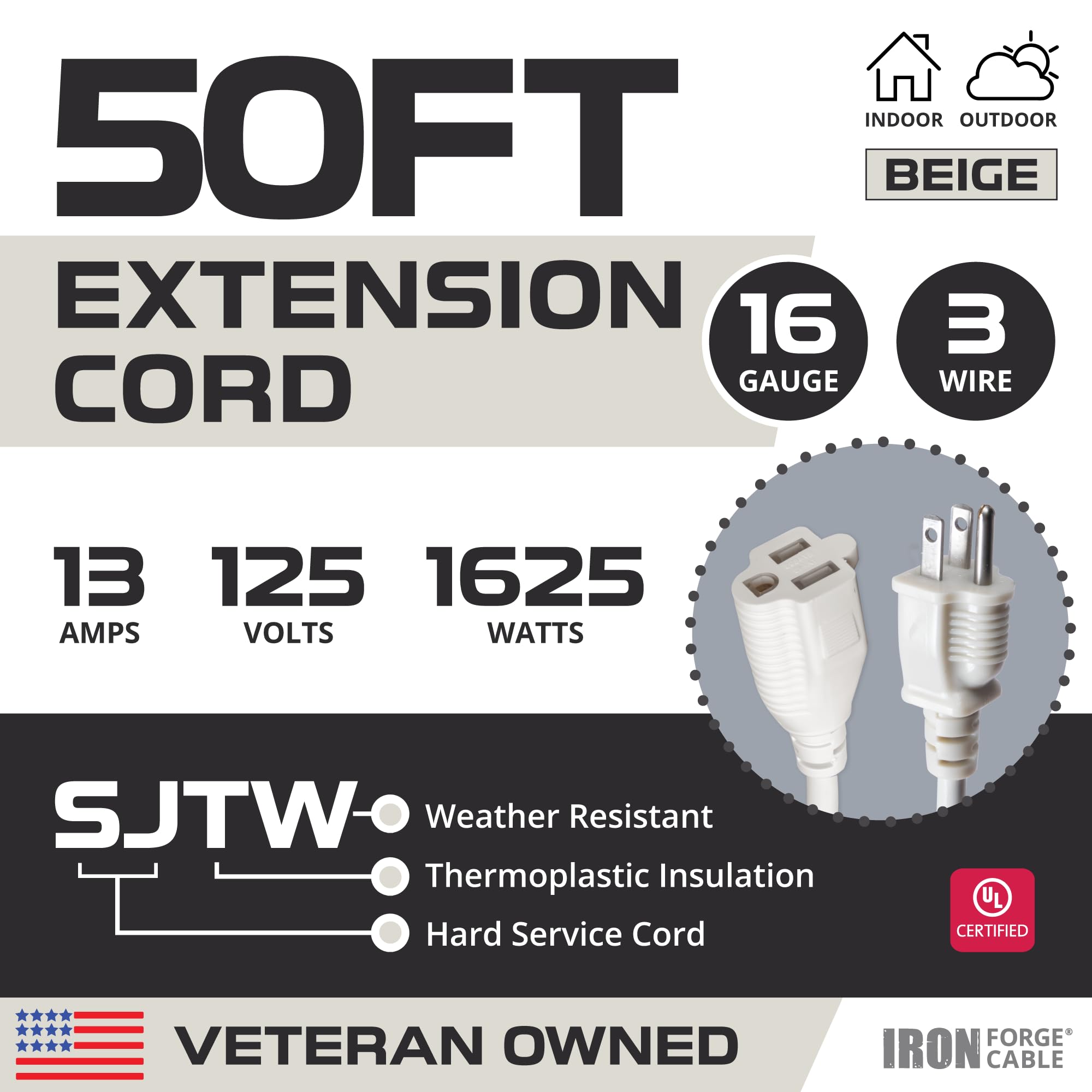 Iron Forge Cable 50 Ft Beige Outdoor Extension Cord   16/3 Sjtw 50Ft Extension Cord 3 Prong, 13 Amp All Weather Heavy Duty Power
