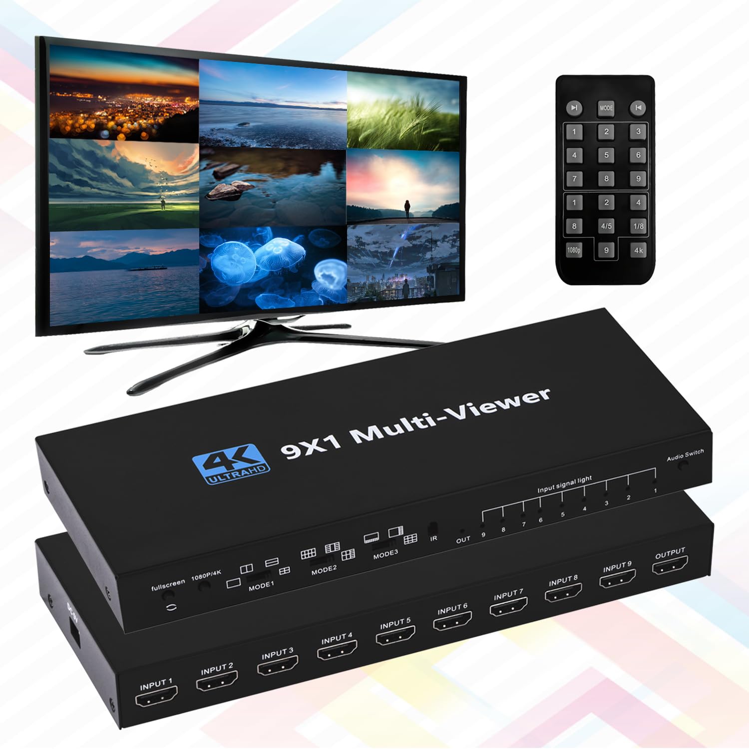 Hdmi Multiviewer Switch 9X1, Seamless Hdmi Quad Multiviewer Switcher 9 In 1 Out With Ir Remote Control, Support 1080P@60Hz And 1