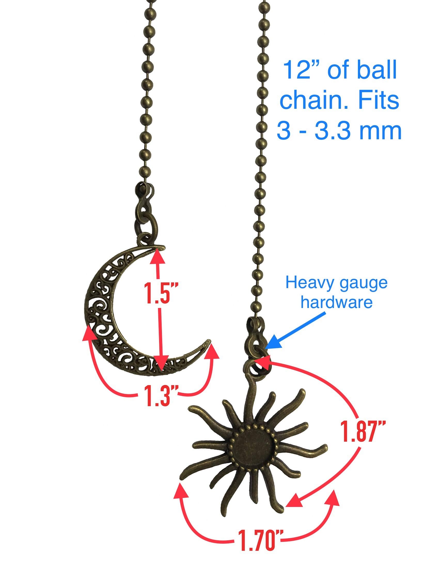 Bronze Color Sun & Filigree Moon Fan Light Pull Chain Extender Ornament