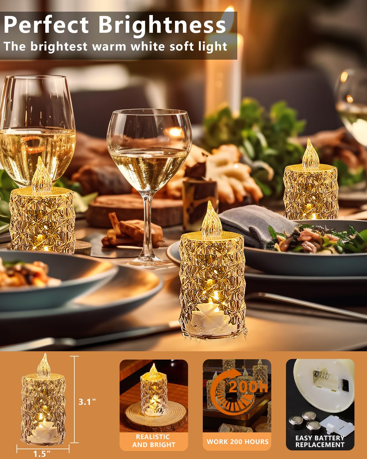 Aymxzt Flameless Crystal Candle, Flameless Diamond Shape Candle, 12 Packs Of 200+ Hours Battery Powered Led Tea Lights, Warm Whi