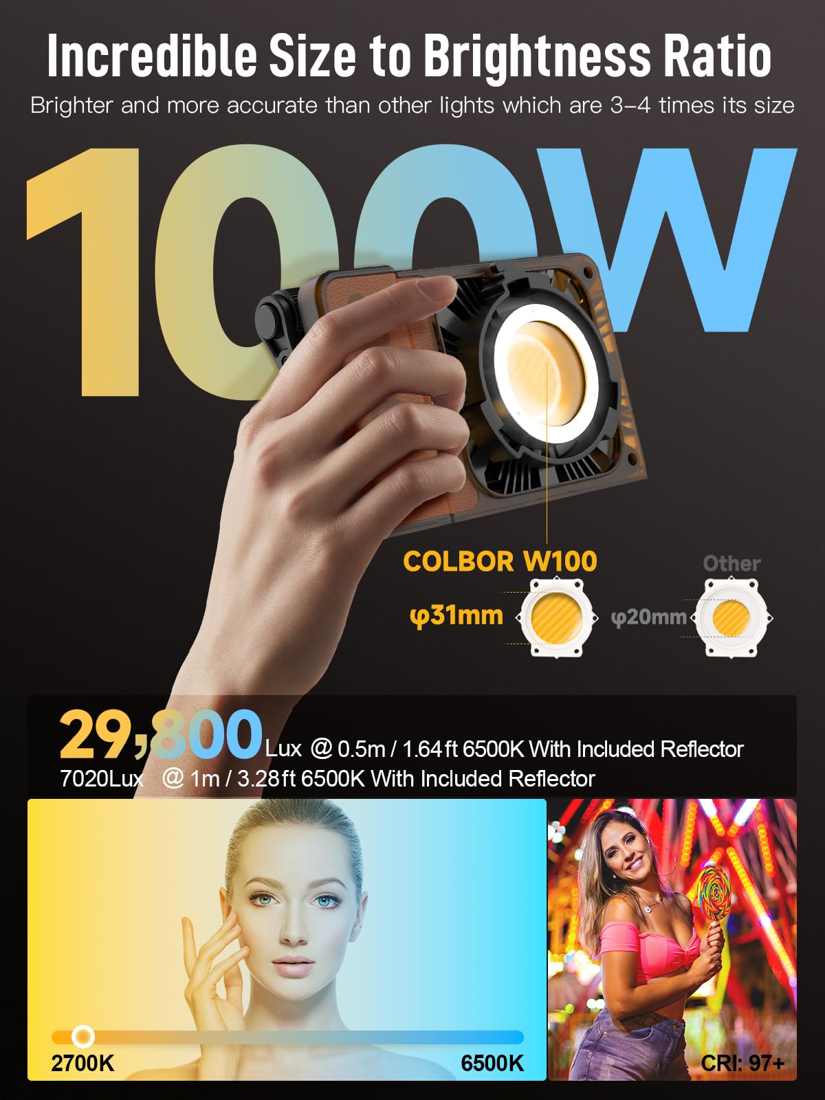 Colbor Video Light, W100 100W 2700K 6500K Bi Color Pocket Continuous Output Lighting With Led Screen 3 Powering Options App Cont