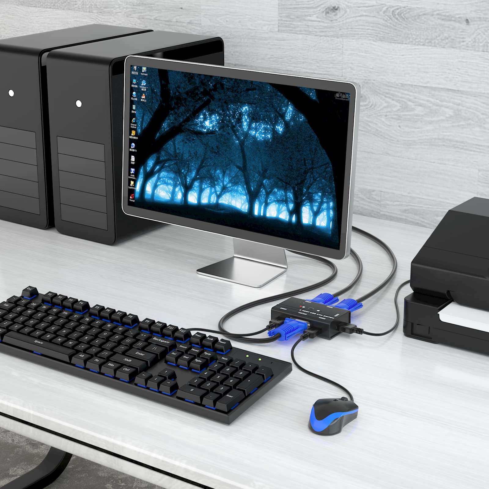 Yinker Vga Kvm Switch, 2 Port Usb Vga Kvm Switch W/2 Kvm Cables & 3 Usb Hubs For 2 Computers Share One Monitor Keyboard Mouse