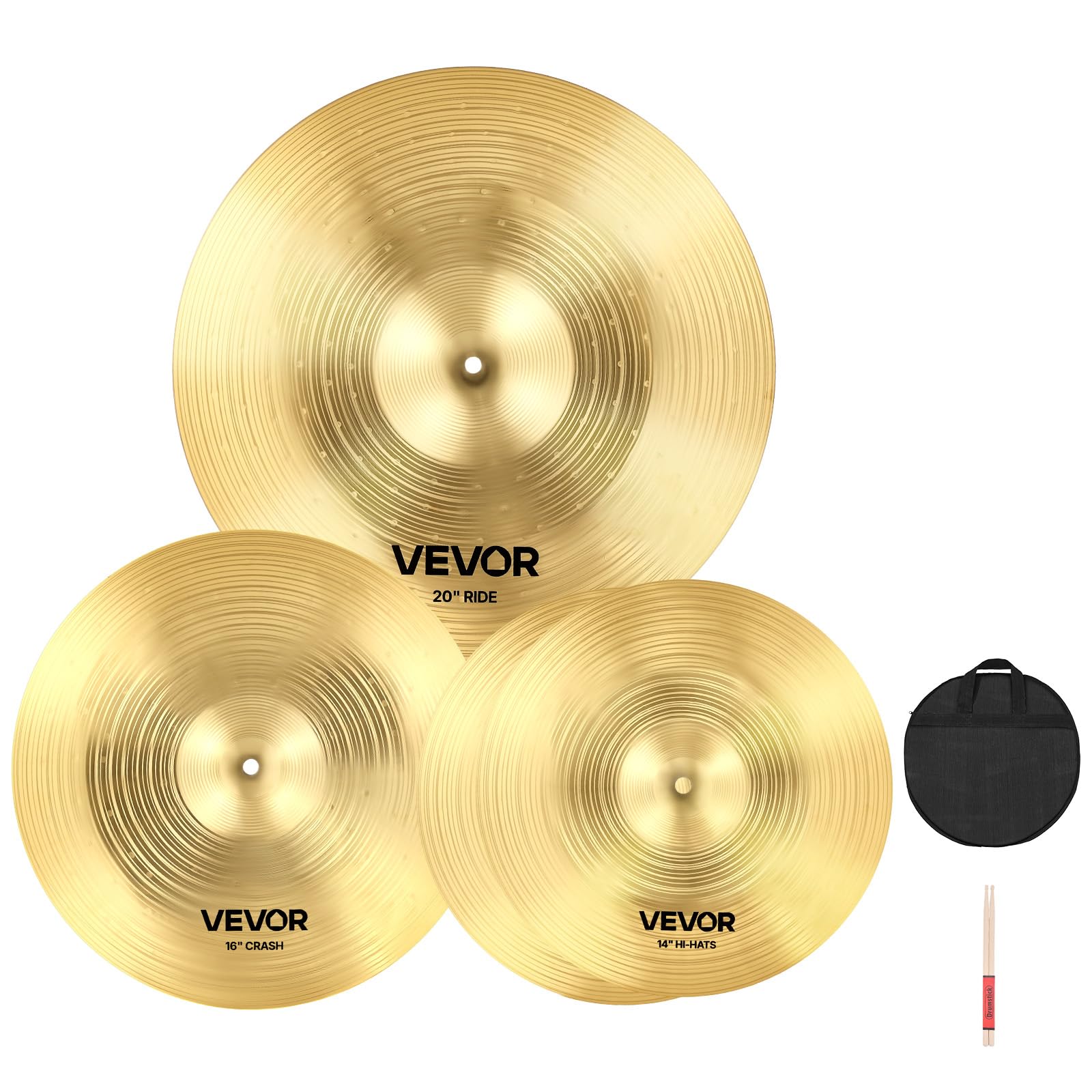 VEVOR Cymbal Pack, 3 Pieces Cymbals for Drum Set, Alloy Cymbals Drum Set Includes 14-inch Hi-Hats, 16-inch Crash, 20-inch Ride, 