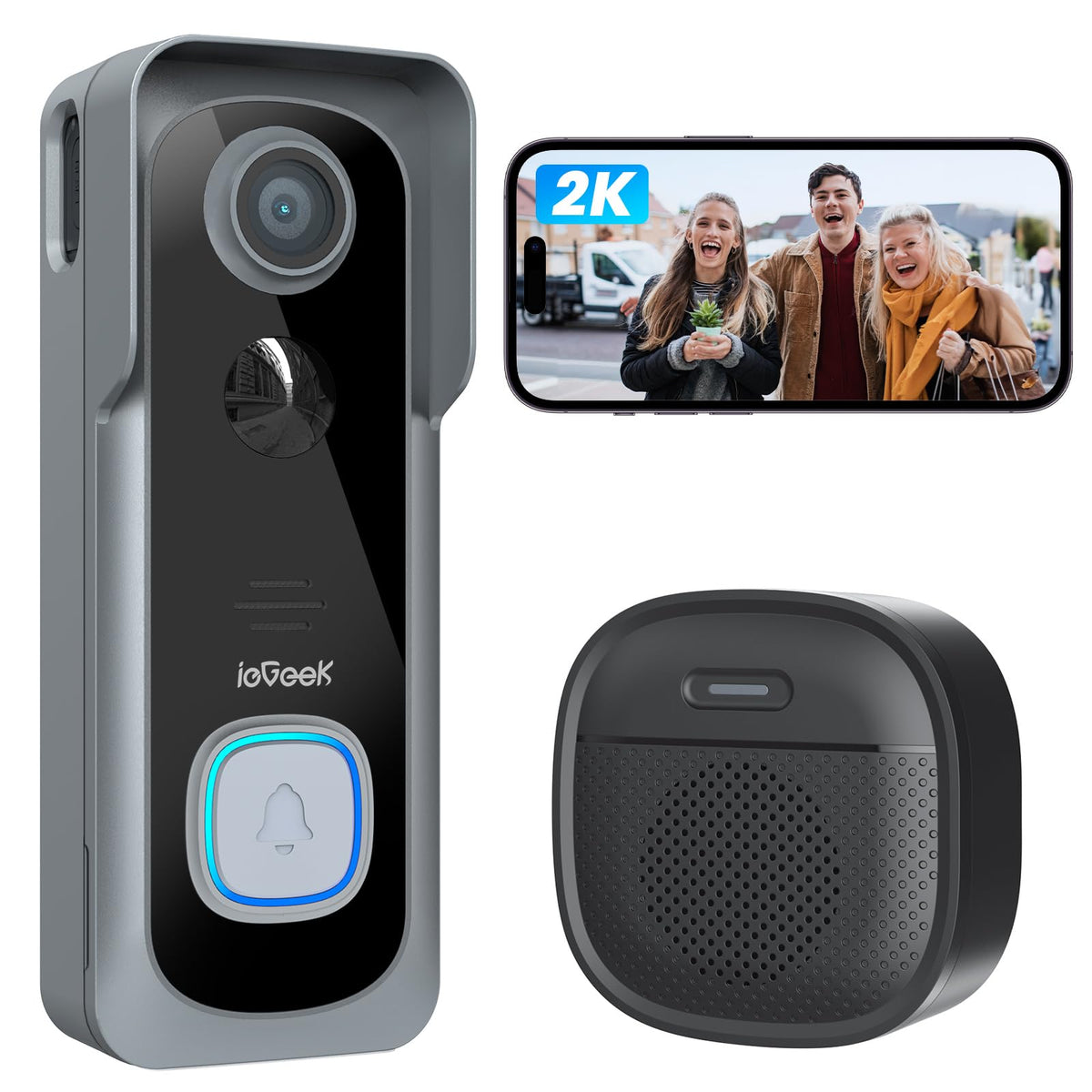 Iegeek Doorbell Camera Wireless No Subscription - Wireless Video Doorbell With Chime, Doorbell With Camera 1080P Grey, Voice Cha