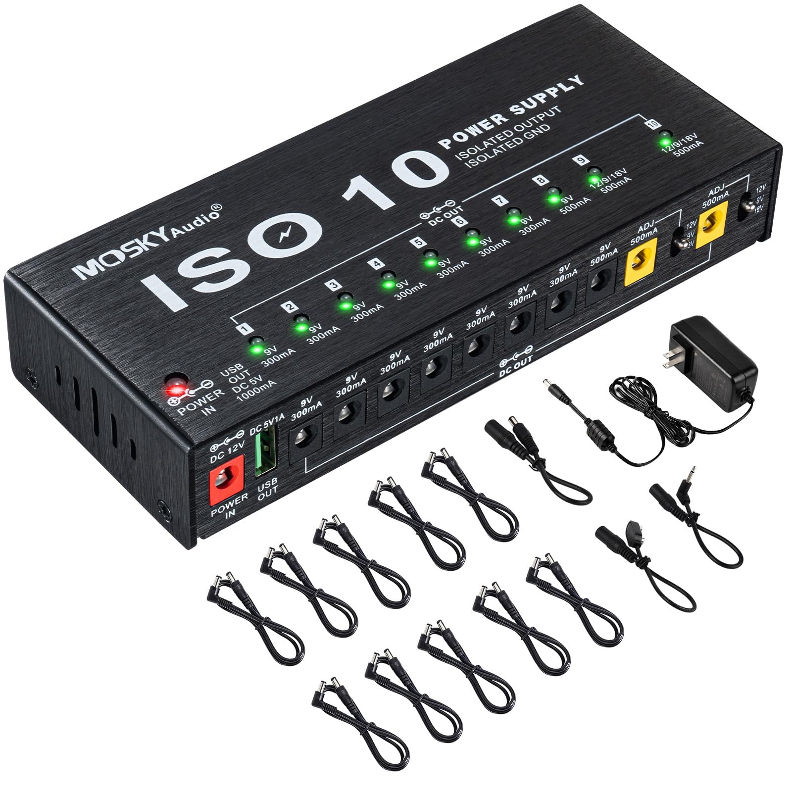 Mosky Guitar Pedal Power Supply 10 Isolated Dc Output, 9V 12V 18V 300Ma 500Ma Effect Pedal Boards Power Supply With Usb Port, Short Circuit Overcurrent Protection