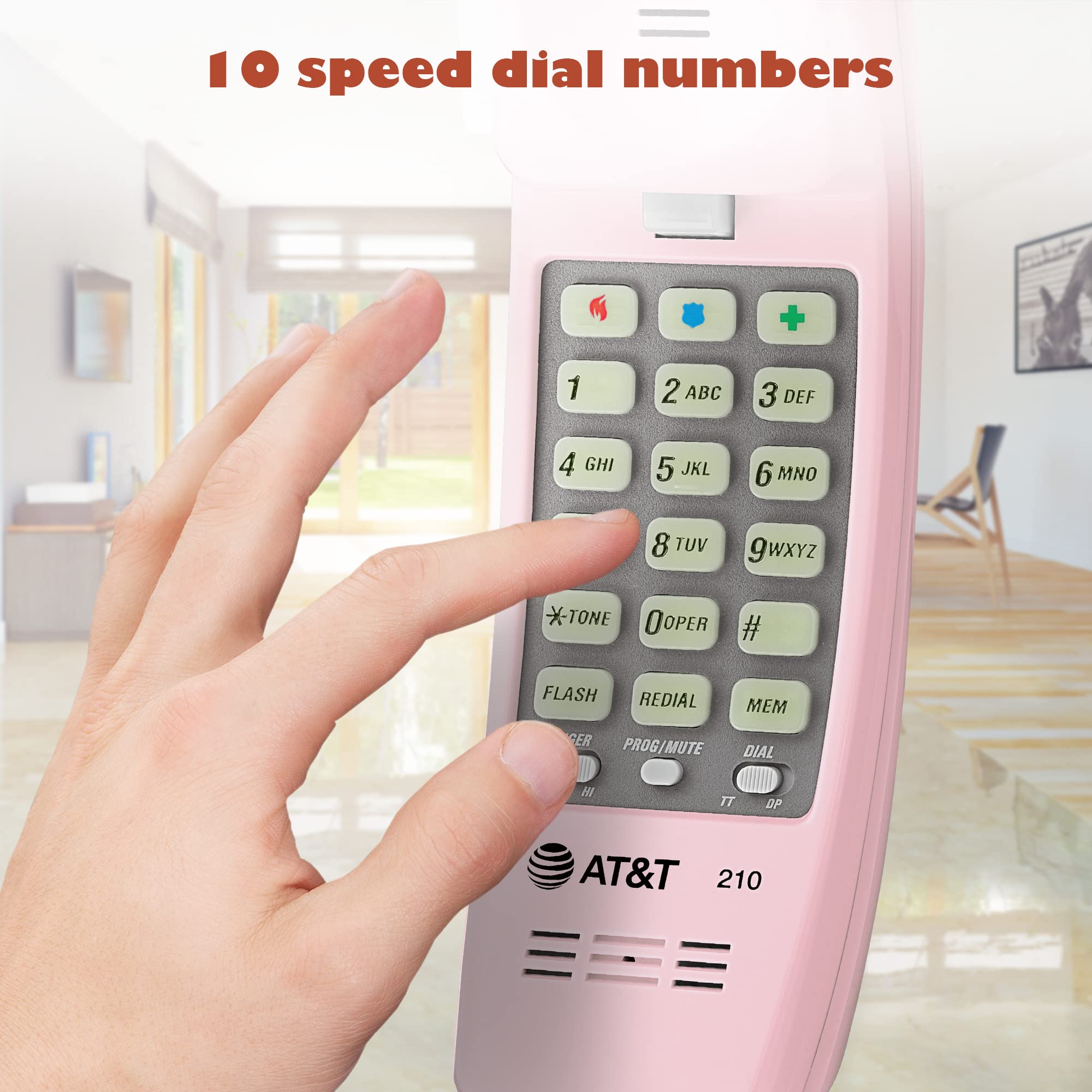 AT&T TRIMLINE 210 Pink Corded Home Phone - Lighted Big Buttons, Wall-Mount, 13 Speed Dial, Last Number Redial, Volume Control