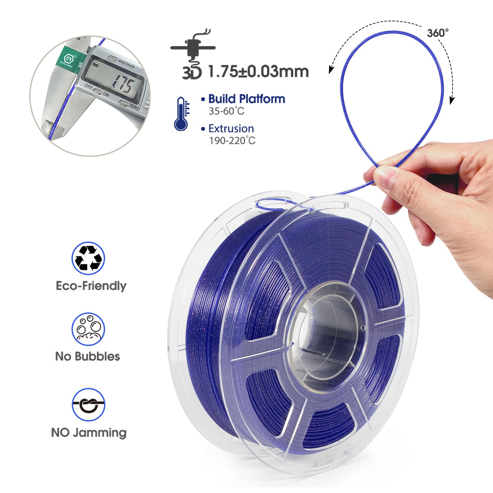 Isanmate 3D Printer Filament, Transparent Glitter Blue Pla Filament 1.75 Mm, 3D Printing Filament 1Kg/2.2Lb